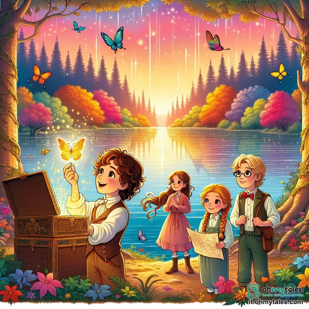 Illustrazione che rappresenta un magnifico lago scintillante al tramonto, circondato da maestosi alberi con foglie multicolori. L'acqua del lago brilla come uno specchio, riflettendo le tonalità dorate e rosa del cielo. 

Sulla riva del lago, un ragazzo di circa 10 anni, con capelli castani e ricci, guarda con meraviglia una piccola scatola di legno che ha appena aperto, da cui fuoriesce una luce splendente. Accanto a lui, una ragazza di circa 9 anni, con lunghi capelli biondi e un vestito leggero, sorride ammirando la scena, gli occhi scintillanti di gioia. Un altro ragazzo, di 11 anni, con occhiali e un'espressione concentrata, esamina la mappa misteriosa che tiene in mano. Infine, una ragazza di circa 10 anni, con un'acconciatura a treccia e un'aria sognante, osserva le farfalle colorate che volano attorno a loro. 

La situazione principale mostra i quattro amici che scoprono insieme il tesoro dell'amicizia al lago, circondati dalla magia della natura. Elementi grafici aggiuntivi includono farfalle che fluttuano nell'aria, fiori colorati sulla riva e raggi di sole che filtrano tra gli alberi, creando un'atmosfera incantata e gioiosa.