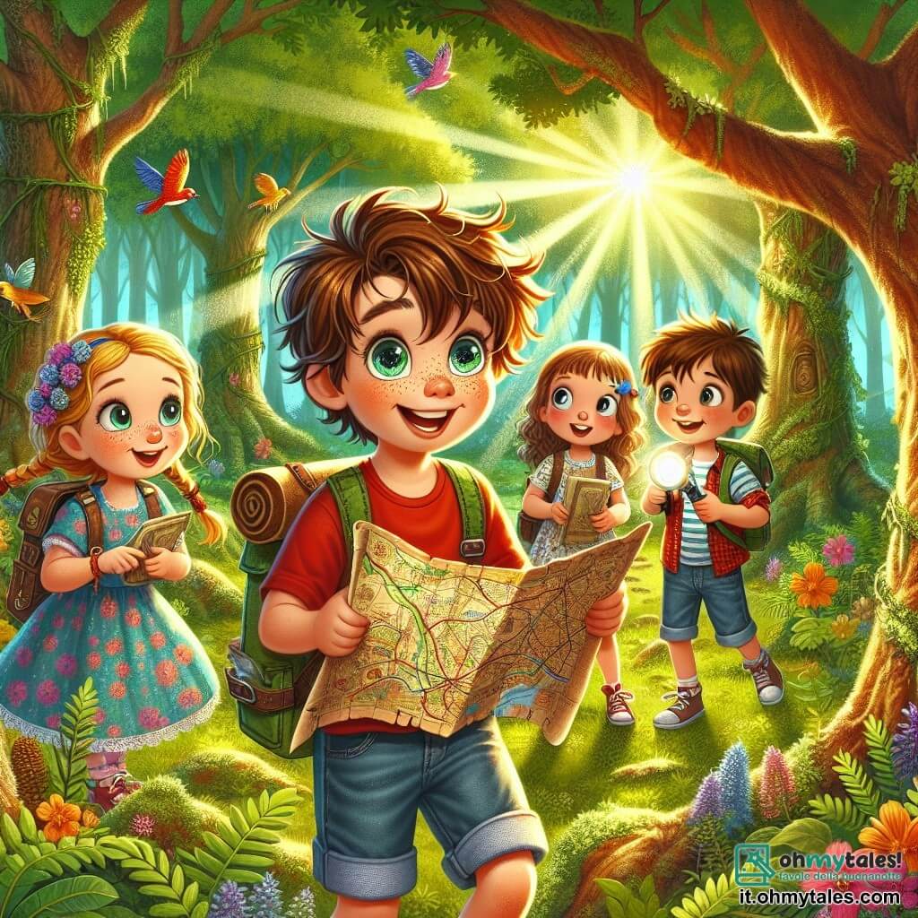 Illustrazione che rappresenta una foresta incantata, con grandi alberi dai tronchi spessi e foglie di un verde brillante. I raggi di sole filtrano attraverso il fogliame, creando macchie di luce dorata sul terreno coperto di muschio e fiori colorati. Al centro dell'immagine, un ragazzo di 9 anni, con capelli castani disordinati e occhi brillanti di curiosità, indossa una maglietta rossa e pantaloni corti di jeans. Tiene in mano una mappa antica, il suo viso illuminato dall'emozione dell'avventura. Sta indicando una direzione sulla mappa, pronto a esplorare. Accanto a lui, due amici: una ragazza di 9 anni con capelli biondi intrecciati e un vestito a fiori, che guarda la mappa con un sorriso entusiasta, e un ragazzo di 8 anni, con capelli castani e una maglietta blu, che tiene una piccola torcia, pronto a illuminare il cammino. La scena principale mostra i tre bambini in piena esplorazione, circondati da un'atmosfera magica, con uccelli colorati che volano intorno a loro e una leggera nebbia che fluttua tra gli alberi, aggiungendo un tocco di mistero alla loro ricerca del tesoro. Ulteriori elementi grafici includono una vecchia cassa di legno parzialmente interrata nel terreno, decorata con pietre preziose scintillanti, simbolo del tesoro che sperano di scoprire.