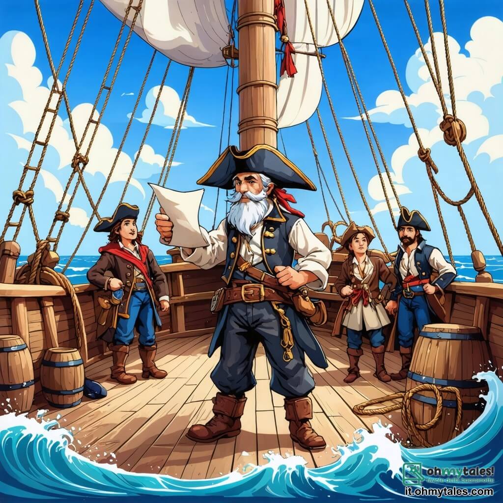 Illustrazione che rappresenta una scena vibrante sul ponte di un grande galeone pirata, "L'Aquila dei Mari", che naviga su onde tumultuose sotto un cielo blu punteggiato di nuvole bianche. Il legno del ponte è consumato dal tempo, con corde arrotolate e vele bianche gonfiate dal vento. Al centro, un uomo dal volto segnato, con una lunga barba grigia e occhi scintillanti di saggezza, si tiene fermo, tenendo una bussola in una mano e un vecchio pergamena nell'altra. Indossa un tricorno nero decorato con piume colorate e una giacca di pelle usurata, testimone delle sue numerose avventure in mare. Attorno a lui, un gruppo di ragazzi di circa 10-12 anni, con capelli arruffati e volti entusiasti, lo ascolta attentamente. Uno di loro, con un bandana rossa in testa, indica una mappa del tesoro stesa a terra, mentre un altro, con occhi brillanti, tiene una spada di legno, pronto per l'avventura. La scena principale mostra il momento in cui il vecchio marinaio condivide una storia avvincente su un tesoro nascosto, mentre il vento soffia nelle vele e le onde si infrangono contro lo scafo della nave. Gabbiani volano sopra, aggiungendo un tocco di vita a questa scena marittima piena di promesse e misteri.