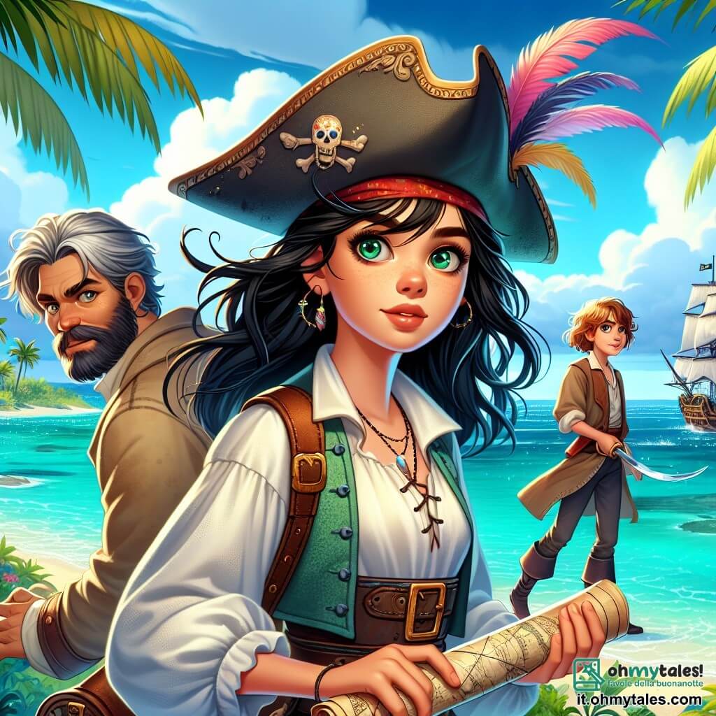 Illustrazione che rappresenta una scena emozionante su un'isola misteriosa al bordo di un oceano turchese, dove le palme ondeggiano dolcemente sotto un cielo soleggiato punteggiato di nuvole bianche. Al centro dell'immagine, una giovane donna pirata si erge fiera, i suoi lunghi capelli neri fluttuano al vento, i suoi occhi verdi brillano di determinazione. Indossa un cappello da pirata ornato di una piuma colorata, una camicia bianca leggermente sgualcita e un gilet di pelle, brandendo una spada scintillante, pronta a difendere il suo tesoro. Accanto a lei, due membri del suo equipaggio: un ragazzo di circa 12 anni, con i capelli biondi arruffati e un sorriso malizioso, che tiene una mappa del tesoro arrotolata, gli occhi brillanti di eccitazione. L'altro personaggio è un uomo anziano, con capelli grigi e una barba folta, vestito con un mantello logoro, che osserva l'orizzonte con un'espressione di saggezza, tenendo un cannocchiale in mano. La scena cattura un momento di tensione, mentre si preparano ad affrontare una minaccia imminente, con onde tempestose sullo sfondo e una silhouette minacciosa di una nave pirata che si avvicina in lontananza. Elementi grafici aggiuntivi includono tesori scintillanti sparsi sul terreno, uccelli colorati che volano nel cielo e ombre inquietanti proiettate dagli alberi, creando un'atmosfera di avventura e mistero.