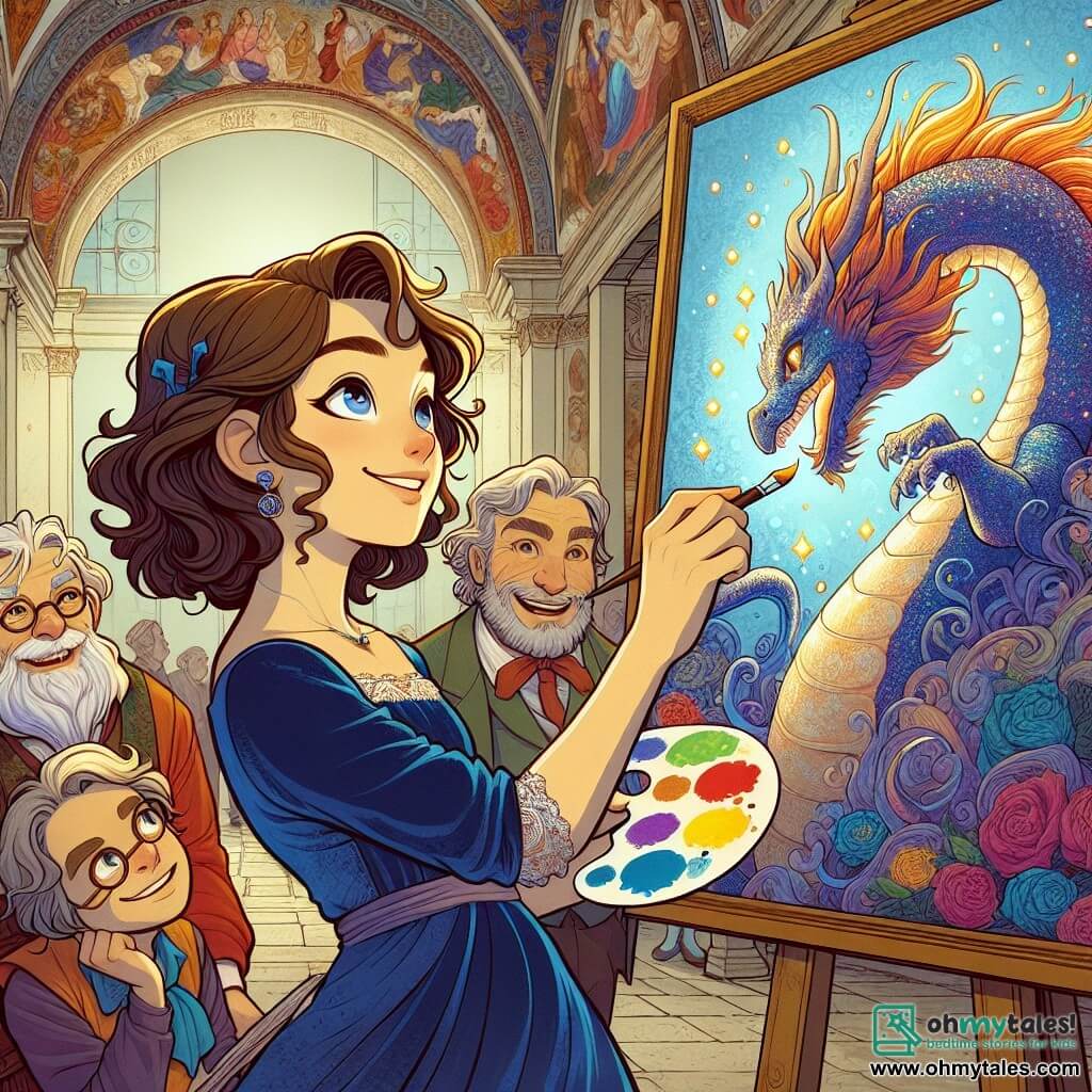 The illustration depicts a vibrant scene in a large exhibition hall in Florence, with walls adorned with colorful frescoes and majestic columns. In the center, a young woman with wavy brown hair, dressed in a blue velvet dress, holds a magical palette filled with bright colors. She is passionately painting a majestic dragon on a canvas, her eyes shining with determination and joy. Around her, several middle-aged artists with graying beards and colorful clothing admire her work. One, a bespectacled man, holds a brush and seems ready to join in, while another, an older man with a hat, smiles and nods, impressed by the young woman's talent. The main focus shows the young woman in action, surrounded by an aura of magic as she brings her painting to life, the dragon taking shape with shimmering scales. Splashes of color swirl around them, creating a fairy-tale atmosphere. Additional details include bursts of light, colorful flowers on the tables, and amazed spectators applauding, adding to the joyful energy of the scene.