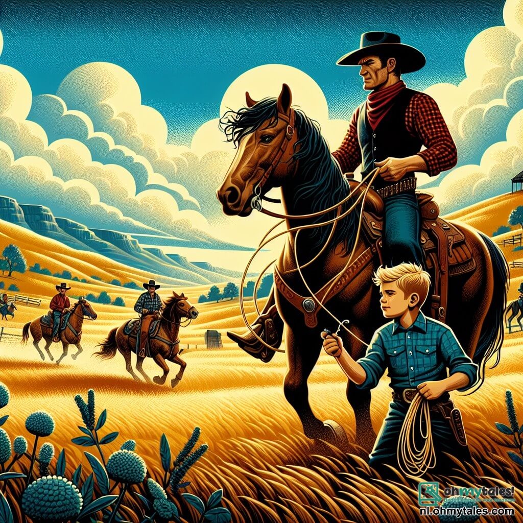 Illustratie van een uitgestrekt landschap van het Wilde Westen, met gouden heuvels onder een stralend blauwe lucht, bezaaid met witte, donzige wolken. Op de voorgrond staat een man, een cowboy van een dertiger, met een zwarte vilten hoed, een rood geruite shirt en een leren vest. Hij zit op een bruin paard met lange, zijdeachtige manen en houdt stevig een lasso vast in zijn rechterhand, klaar om deze te gebruiken. Naast hem staat een jongen van ongeveer tien jaar, met tousled blond haar en een ondeugende glimlach, die bewonderend toekijkt. Hij draagt een blauwe shirt en een broek van canvas, en houdt een kleine replica van een lasso vast, enthousiast de cowboy imiterend. De scène speelt zich net voor het begin van een cowboywedstrijd af, waar de cowboy en de jongen zich voorbereiden om hun vaardigheden te tonen. Op de achtergrond verzamelen andere cowboys zich, sommigen in gesprek, anderen aan het trainen, terwijl een houten bord "Cowboywedstrijd" aangeeft. De sfeer is vol opwinding en anticipatie, met details zoals verspreide cactussen en vogels die door de lucht vliegen.