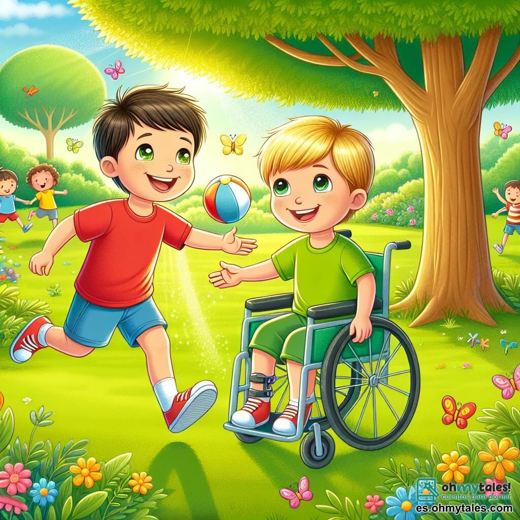 Ilustración que representa un parque soleado, lleno de exuberante vegetación y flores coloridas. En el centro, un gran árbol de hojas verdes brillantes ofrece sombra. Dos niños juegan alegremente sobre la suave hierba. Un niño de aproximadamente 8 años, con cabello castaño y ojos brillantes, lleva una camiseta roja y un pantalón corto azul. Corre con una gran sonrisa, sosteniendo una pelota en sus manos. Junto a él, un niño de 7 años, con cabello rubio y ojos claros, está sentado en una pequeña silla de ruedas. Lleva una camiseta amarilla y un pantalón corto verde. Su rostro irradia felicidad mientras mira a su amigo. La escena muestra el momento en que el niño en silla de ruedas lanza la pelota a su amigo, simbolizando su sincera amistad y la alegría de jugar juntos. Al fondo, niños ríen y juegan, y mariposas coloridas vuelan alrededor, añadiendo un toque de magia a este momento de amistad.