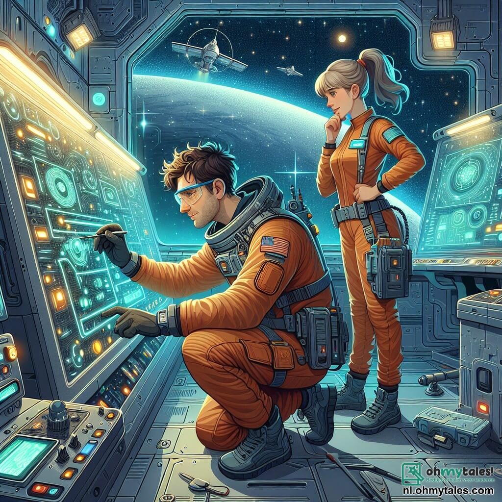 Illustratie van een interieur van een futuristisch ruimtestation, met zilverkleurige metalen muren en heldere schermen die technische gegevens weergeven. Lichten knipperen in blauwe en groene tinten, wat een dynamische sfeer creëert. In het midden van de scène staat een man van ongeveer dertig jaar, met rommelig bruin haar en een veiligheidsbril op zijn voorhoofd, gebogen over een complex bedieningspaneel, waarbij hij gereedschap gebruikt om een paneel te repareren. Hij draagt een oranje ruimtepak met zakken vol gadgets. Naast hem staat een jonge vrouw van ongeveer 25 jaar, met blond haar in een paardenstaart en een bemoedigende glimlach, die aandachtig kijkt en een gereedschap in haar handen vasthoudt, klaar om te helpen. De hoofdscène toont de man die zich concentreert op zijn taak, terwijl de vrouw hem aanmoedigt, wat een moment van intense samenwerking in een technologische omgeving illustreert. Op de achtergrond tonen ramen de uitgestrektheid van de ruimte, bezaaid met fonkelende sterren en een kleurrijke planeet.