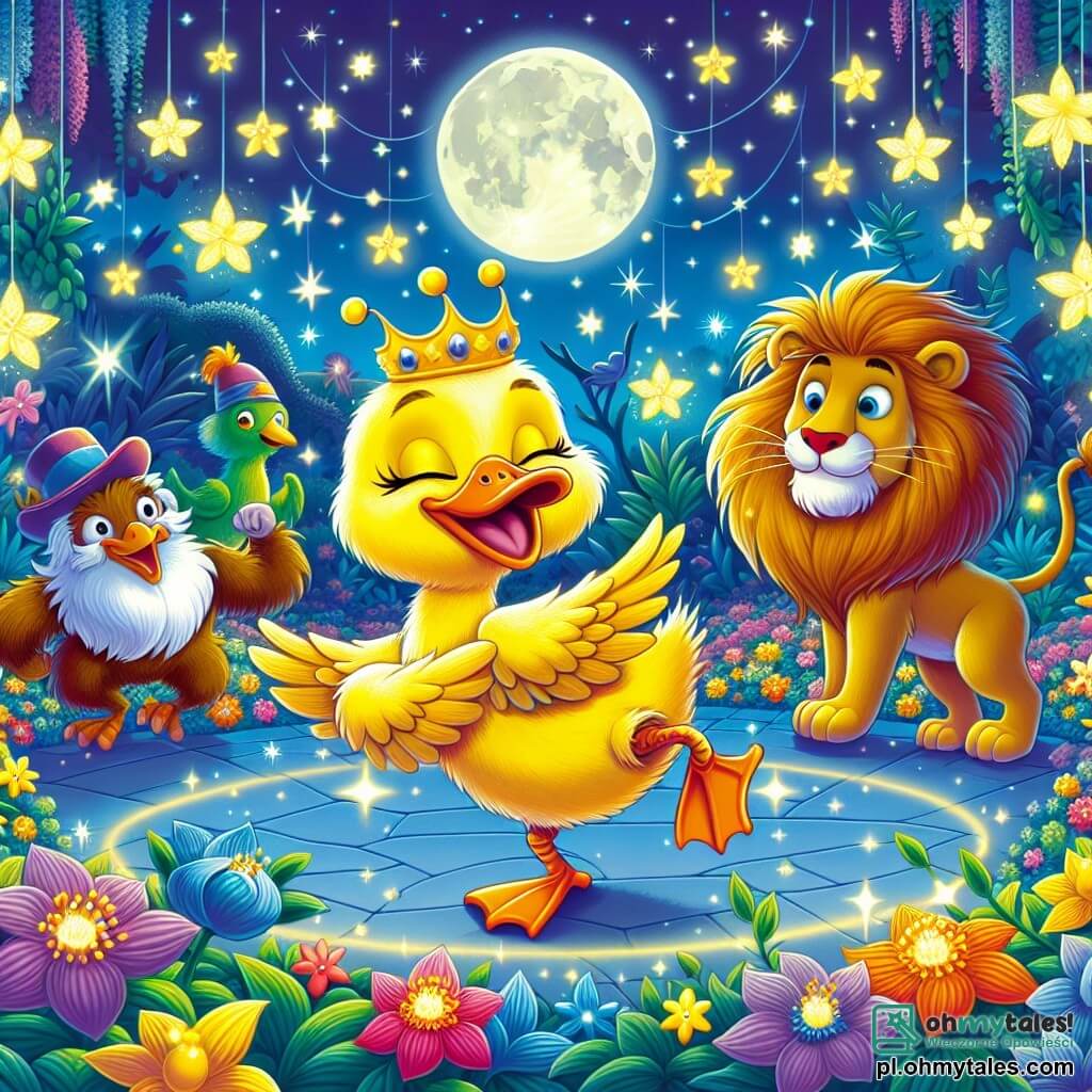 Ilustracja przedstawiająca magiczny ogród oświetlony przez księżyc, wypełniony kolorowymi kwiatami, które świecą jak gwiazdy. W centrum, kaczka o jaskrawożółtych piórach i żywym pomarańczowym dziobie, tańcząca radośnie z komicznymi ruchami, z rozpostartymi skrzydłami i dużym uśmiechem na twarzy. Obok niej lew o złotych grzywie, z rozbawionym wyrazem twarzy, który stara się nadążyć w wykonaniu niezgrabnych kroków tańca. W tle inne zwierzęta z zoo, jak małpa o figlarnych oczach i słoń z dużymi uszami, z zachwytem obserwują scenę i śmieją się. Scena jest wypełniona magią i radością, z migotliwymi błyskami światła wokół postaci, tworząc radosną i zabawną atmosferę.