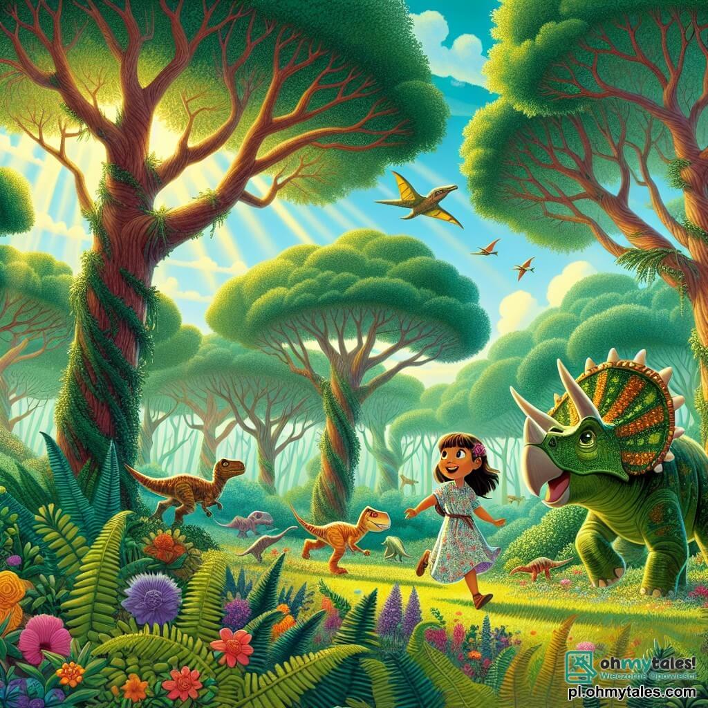 Ilustracja przedstawiająca tętniącą życiem i magiczną scenę w prehistorycznym lesie, gdzie wysokie drzewa o grubych, krętych pniach wznoszą się ku niebu wypełnionemu puszystymi chmurami. Na ziemi bujna roślinność zielonych paproci i kolorowych kwiatów tworzy żywy dywan. W centrum tej sceny znajduje się dziewczynka w wieku 9 lat, z długimi brązowymi włosami i błyszczącymi oczami pełnymi ciekawości, ubrana w lekką sukienkę w kwiaty. Radośnie śmieje się, biegając wokół triceratopsa, dużego dinozaura o zielonej skórze i trzech majestatycznych rogach, który podąża za nią z przyjaznym spojrzeniem. W pobliżu grupa małych dinozaurów w żywych kolorach i różnych kształtach bawi się, skacząc i bawiąc się w krzakach, dodając dynamiki ilustracji. Dziewczynka wydaje się zachwycona pięknem tego prehistorycznego świata, podczas gdy triceratops pochyla się w jej stronę, jakby chciał ją zaprosić do zabawy. Promienie słońca filtrują przez liście, tworząc ciepłą i czarującą atmosferę, podczas gdy lekki wiatr sprawia, że trawy i kwiaty tańczą wokół nich.