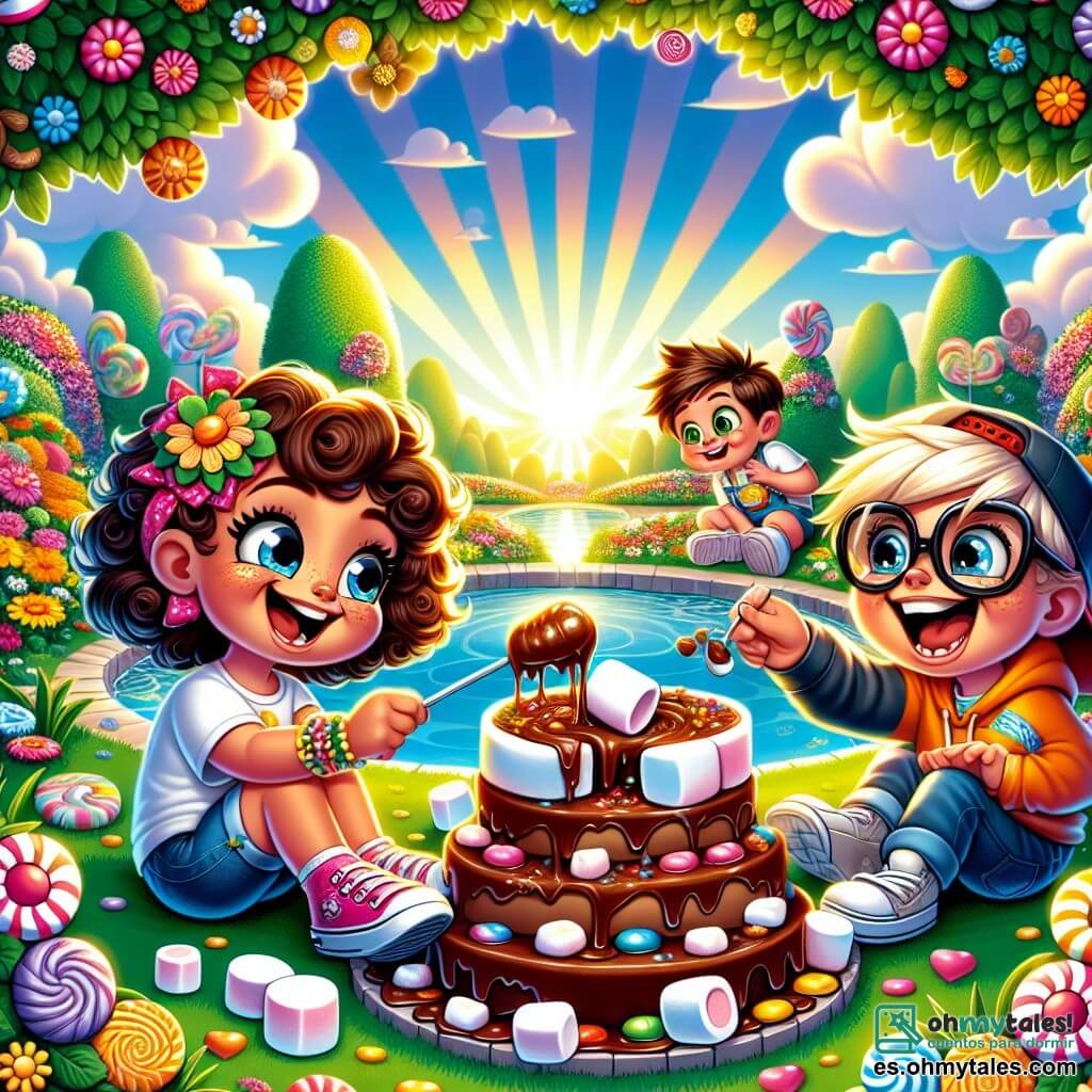 Ilustración que representa un parque soleado, lleno de flores coloridas y árboles con hojas verdes brillantes. En el centro, una niña de 7 años, con cabello rizado y una gran sonrisa, está sentada en la hierba, rodeada de malvaviscos y pasteles, sumergiendo un malvavisco en un lago de chocolate brillante. A su lado, un niño de 8 años, alto y delgado, con una gorra de béisbol y gafas un poco grandes, mira con asombro el lago, mientras que otro niño de 7 años, con el cabello desordenado y una expresión traviesa, se prepara para hacer una broma lanzando un dulce. Al fondo, una montaña de dulces coloridos se alza, añadiendo un toque de magia a la escena, mientras risas y estallidos de alegría flotan en el aire.