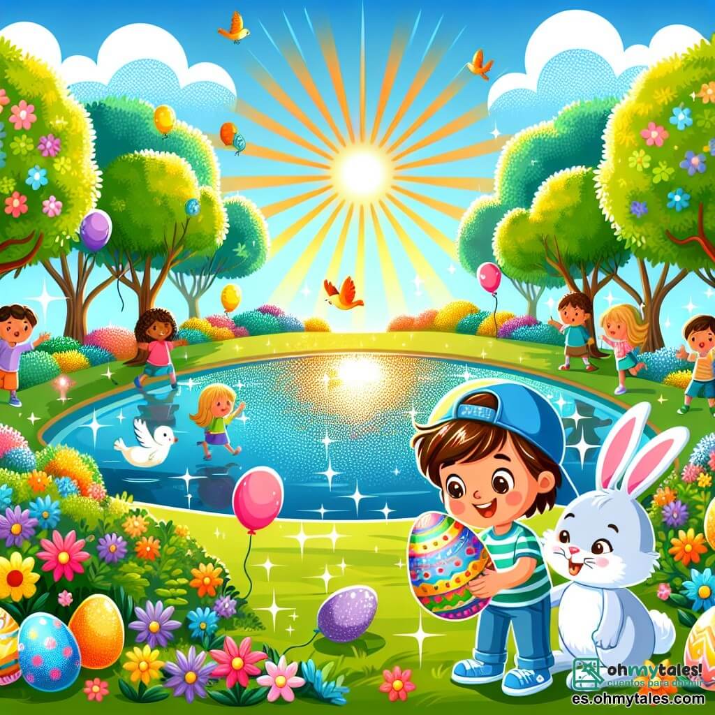 Ilustración que representa un parque soleado con un lago brillante en el centro, rodeado de árboles verdes y flores coloridas. En primer plano, un niño de unos 7 años, con cabello castaño y una gorra azul, sonríe alegremente mientras sostiene un gran huevo de chocolate decorado con motivos coloridos. A su lado, un gran conejo de peluche, con pelaje blanco y orejas grandes, parece hacerle un guiño amistoso. El niño mira el lago donde la luz del sol se refleja, creando destellos brillantes, mientras los pájaros cantan en los árboles. Al fondo, niños juegan con globos de colores, añadiendo un ambiente festivo a la escena de Pascua.