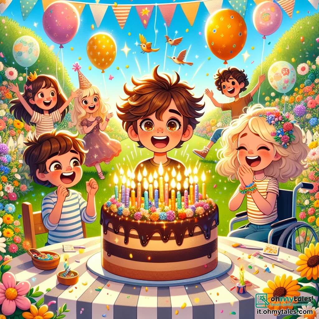 Illustrazione che rappresenta un giardino soleggiato, pieno di fiori colorati e palloncini che fluttuano nell'aria. Al centro, un grande tavolo decorato con una tovaglia a righe, su cui riposa una magnifica torta al cioccolato decorata con candele scintillanti. Un ragazzo di otto anni, con capelli castani disordinati e occhi brillanti, si trova davanti al tavolo, sorridendo con entusiasmo, pronto a spegnere le sue candele. Accanto a lui, una ragazza di otto anni, con capelli lunghi e biondi, indossa un bel braccialetto colorato e applaude gioiosamente. Un altro ragazzo, un po' più grande, con occhiali e capelli castani, tiene una grande palla da gioco, ridendo con i suoi amici. Sullo sfondo, una ragazza in sedia a rotelle, con capelli ricci e un sorriso radioso, guarda la scena con felicità, circondata dai suoi amici. I bambini stanno tutti festeggiando, pieni di gioia ed eccitazione, mentre gli uccelli volano nel cielo blu. Dei coriandoli colorati fluttuano nell'aria, aggiungendo un tocco festoso a questa magica scena di compleanno.