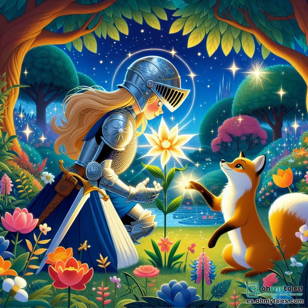 Ilustración que representa un magnífico jardín encantado, lleno de flores coloridas con pétalos brillantes, bajo un cielo azul radiante. En el centro, una joven caballera, con una armadura reluciente y cabello largo y dorado, se inclina con determinación hacia una flor luminosa, la Flor de la Eternidad, que irradia una luz suave. A su lado, un pequeño zorro dorado, con ojos chispeantes y pelaje sedoso, observa atentamente, listo para ayudarla. Al fondo, árboles majestuosos con hojas verdes vibrantes enmarcan la escena, añadiendo un toque de magia. La caballera, concentrada y valiente, está a punto de recoger la flor para salvar su reino, mientras que el zorro, lleno de sabiduría, parece susurrarle palabras de aliento. La atmósfera es a la vez pacífica y cargada de una tensión palpable, simbolizando la importancia de este momento decisivo.