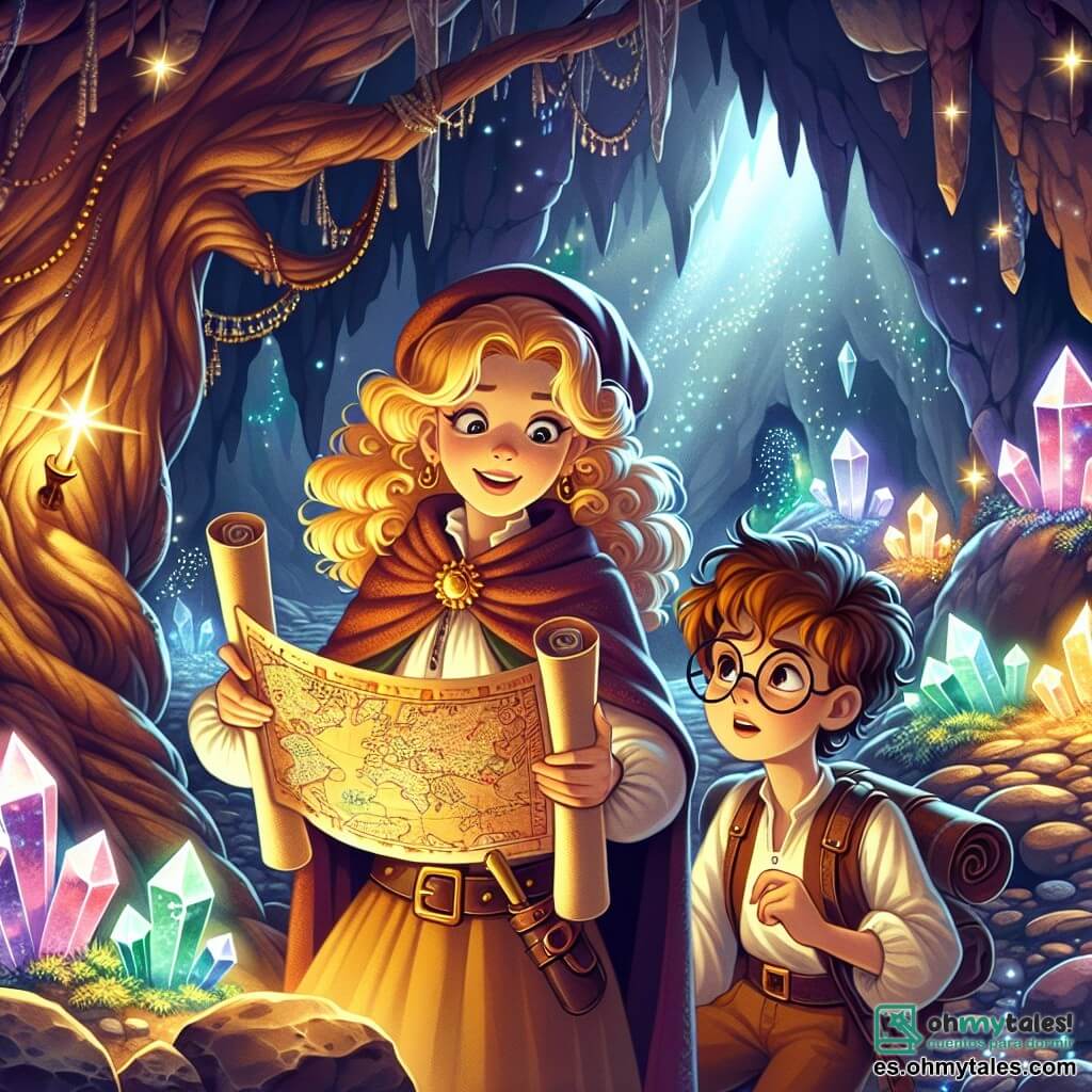 Ilustración que representa una cueva misteriosa con paredes brillantes, iluminada por cristales de colores que reflejan luces vivas. En el centro de la escena, una joven de cabello rizado y dorado, vestida con una túnica de exploradora, sostiene un antiguo rollo de mapa en sus manos, su rostro irradia emoción y determinación. A su lado, un niño de unos diez años, con gafas redondas y cabello castaño desordenado, observa atentamente un gran árbol con raíces retorcidas, pareciendo reflexionar sobre un enigma. La joven le habla a su amigo con una sonrisa, mientras un eco misterioso resuena en la cueva, añadiendo un toque de magia a la atmósfera. Piedras brillantes y sombras bailan a su alrededor, creando un ambiente de aventura y descubrimiento.