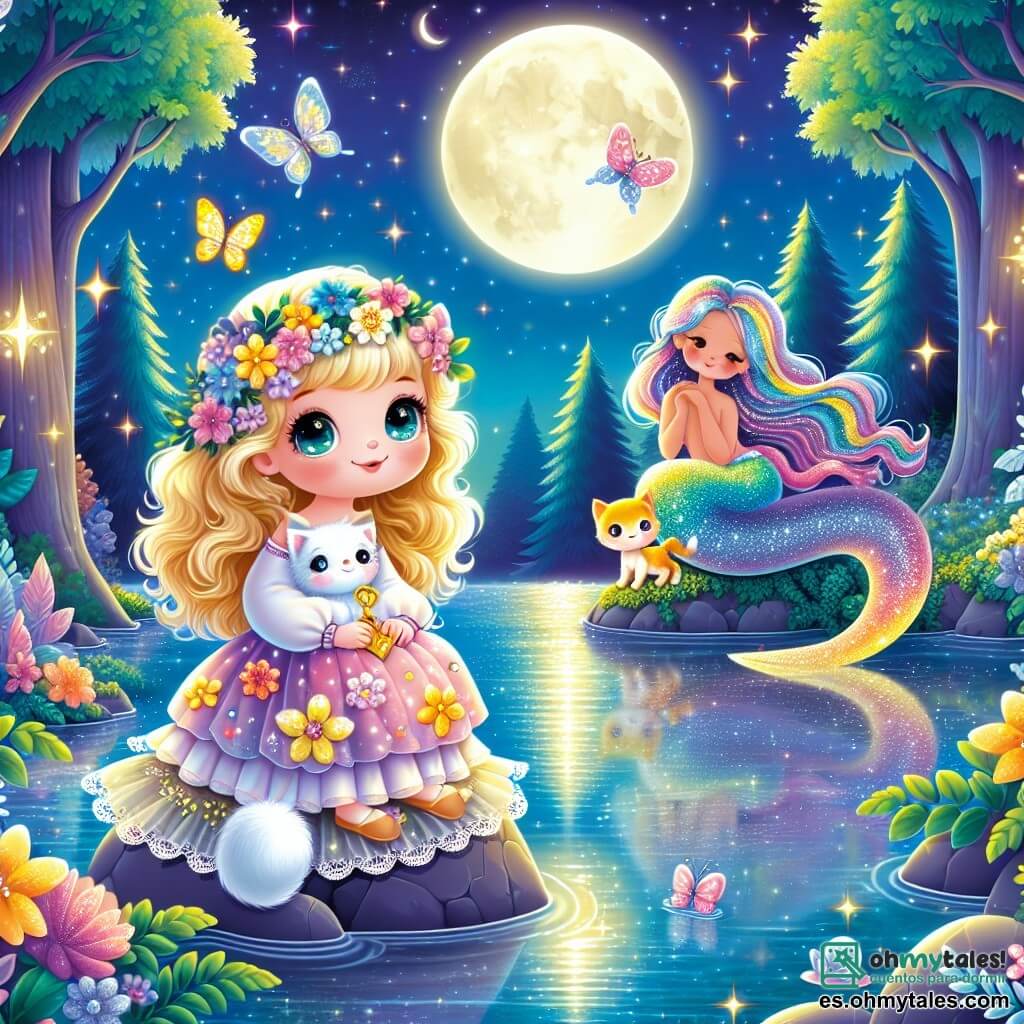 Ilustración que representa una mágica luz de luna junto a un lago brillante, rodeado de grandes árboles con hojas brillantes como cristales. En el centro, una niña de 3 años, con cabello rizado y dorado, lleva un vestido colorido adornado con flores. Está sentada sobre una piedra en forma de corazón, sosteniendo una llave dorada en sus pequeñas manos, con el rostro iluminado por el asombro. A su lado, un adorable gatito blanco, con ojos chispeantes, observa con curiosidad el agua que brilla. En el fondo, una sirena de cabello arcoíris emerge suavemente del lago, sonriente y bondadosa, añadiendo un toque de magia a la escena. Estrellas brillan en el cielo nocturno y mariposas de alas coloridas vuelan alrededor, creando una atmósfera de sueño y aventura.