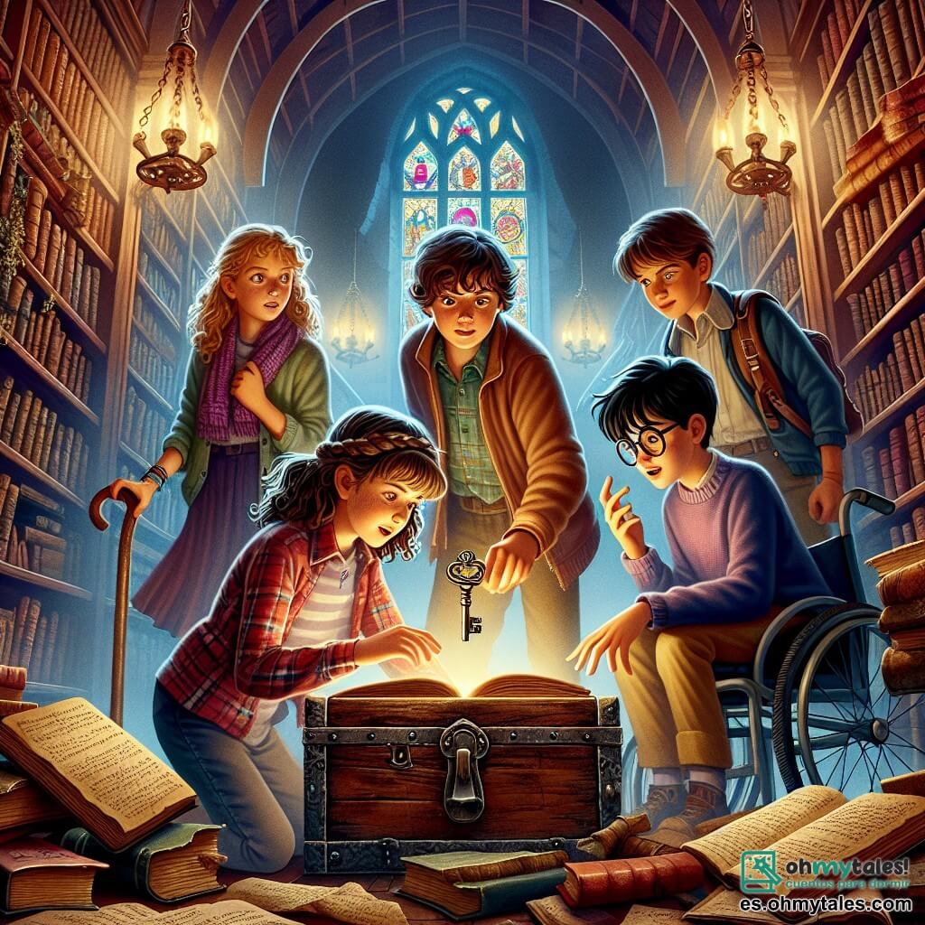 Ilustración que representa una escena misteriosa en una biblioteca antigua, con estanterías de madera oscura llenas de libros polvorientos, rayos de luz filtrándose a través de ventanas de vitrales coloridos, creando una atmósfera mágica e intrigante. En el centro de la imagen, cuatro jóvenes investigadores: una niña de 10 años con cabello rizado y castaño, que lleva una camisa de cuadros y jeans, sosteniendo una vieja llave brillante con mirada maravillada; un niño de 11 años, con gafas y cabello castaño, vestido con una camiseta azul, hojeando un libro antiguo con una expresión de intensa curiosidad; una niña de 9 años con trenzas y un suéter rosa, señalando una página del libro, con los ojos brillantes de emoción; y un niño de 12 años en silla de ruedas, con cabello negro y una sonrisa decidida, observando atentamente un viejo cofre de madera en el suelo. La situación principal muestra a los niños descubriendo un cofre misterioso, rodeados de libros y documentos antiguos, con mapas y notas esparcidas a su alrededor, evocando un sentimiento de aventura y descubrimiento. En el fondo, telarañas y objetos antiguos añaden un toque de enigma a la atmósfera, mientras una luz suave ilumina la escena, resaltando la emoción de esta exploración.