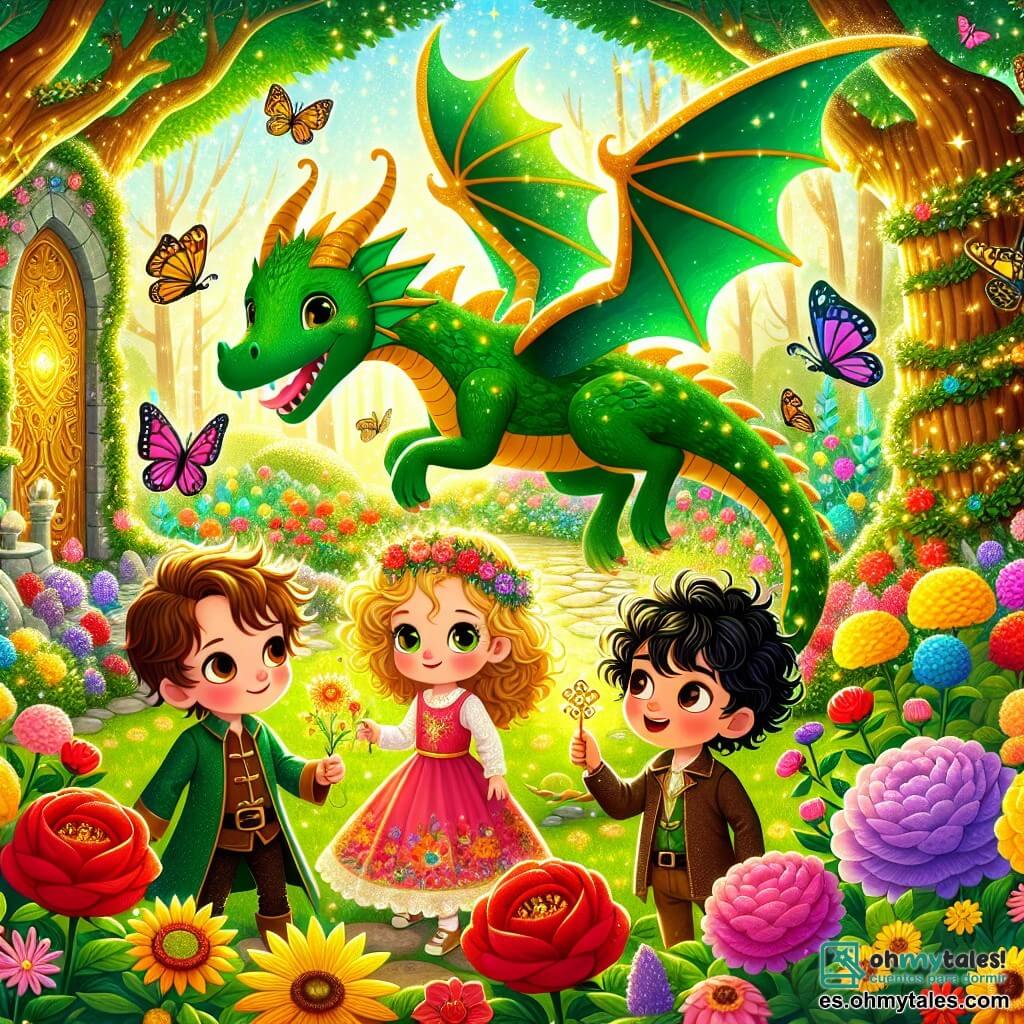 Ilustración que representa una escena mágica en un jardín de ensueño. El jardín está lleno de flores brillantes de colores vivos, como rosas rojas, girasoles amarillos y violetas moradas, rodeado de árboles con troncos dorados y hojas brillantes. En el centro, un gran dragón con escamas brillantes de verde y oro, con ojos suaves y una sonrisa amigable, sobrevuela el jardín. A su lado, un niño de cuatro años, con cabello castaño desordenado y ojos chispeantes de curiosidad, sostiene una pequeña llave dorada en su mano. A su derecha, una niña de cuatro años, con cabello rubio como los rayos del sol, lleva un vestido rosa adornado con flores y mira al dragón con asombro. A la izquierda, un niño de cuatro años, con cabello negro y rizado, sonríe con valentía, listo para vivir la aventura. La escena principal muestra a los tres amigos, maravillados, frente al dragón, discutiendo su misión para proteger la magia de este mundo encantado. Mariposas coloridas vuelan a su alrededor, añadiendo un toque de magia a la atmósfera. En el fondo, una puerta antigua cubierta de hiedra brilla levemente, sugiriendo la entrada a otras aventuras.