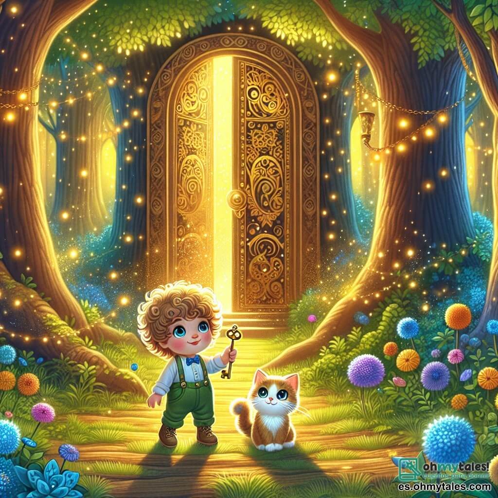 Ilustración que representa un claro de bosque encantado, bañado en luz dorada, con árboles majestuosos de troncos gruesos y hojas de un verde brillante. En el centro, un niño de 3 años, con cabello rizado como nubes de algodón y ojos chispeantes de curiosidad, sostiene una brillante llave dorada en su mano. A su lado, un pequeño gato de pelaje suave y sedoso, con ojos traviesos, mira a su alrededor con aire de emoción. Juntos, se encuentran frente a una puerta mágica, adornada con patrones coloridos y rodeada de flores azules que bailan al compás del viento. La escena desprende una atmósfera de aventura y magia, con destellos de luz centelleando a su alrededor, mientras se preparan para entrar en un mundo fantástico lleno de criaturas maravillosas.