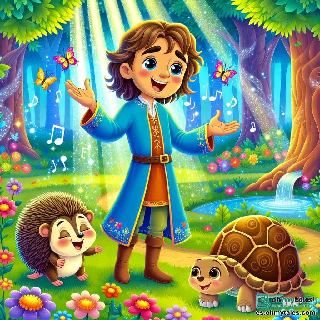 Ilustración que representa un magnífico claro encantado, donde flores coloridas bailan al ritmo del viento y los rayos de sol filtran a través del follaje de los majestuosos árboles. En el centro de esta escena, un hombre de corazón generoso, vestido con una brillante túnica azul, sonríe cálidamente, con su cabello castaño flotando ligeramente en la brisa. Está cantando alegremente, con los brazos abiertos, como si compartiera su alegría con todo el mundo. A su lado, un pequeño ardillón de pelaje marrón y ojos chispeantes ríe de todo corazón, con sus pequeñas patas levantadas en el aire, mientras que una tortuga de mirada dulce y escamas brillantes se encuentra cerca de ellos, con una radiante sonrisa iluminando su rostro. La tortuga, aunque lenta, parece llena de felicidad, sus ojos brillantes reflejando la magia del momento. La situación principal muestra al hombre cantando, rodeado de sus amigos, creando una atmósfera de alegría y camaradería, mientras notas de música coloridas flotan a su alrededor, añadiendo un toque de magia a esta escena de cuento de hadas. En el fondo, mariposas multicolores revolotean, y una fuente resplandeciente, de donde emana una luz dorada, simboliza el poder de la alegría recuperada.