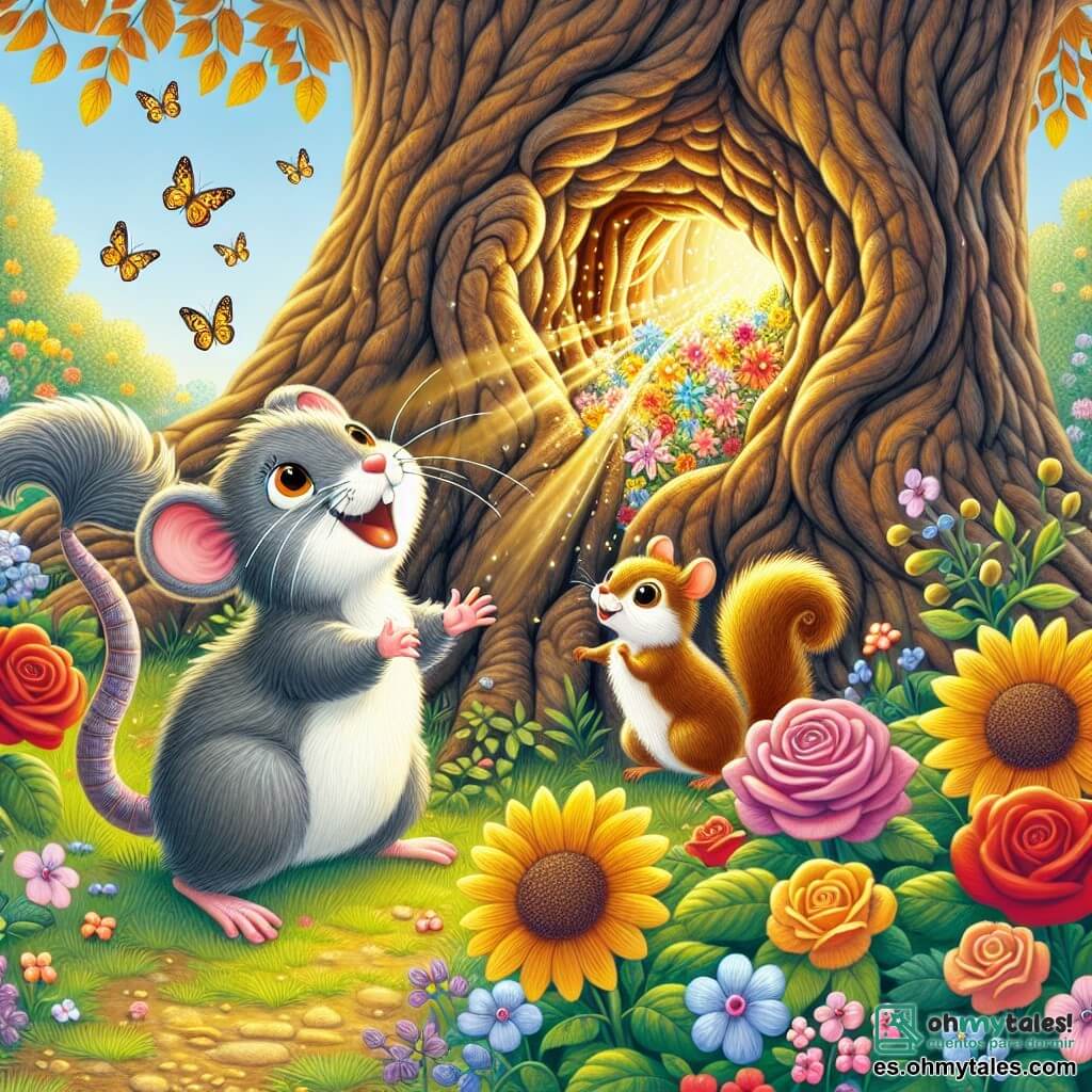 Ilustración que representa un jardín encantado, lleno de flores de colores vivos, como rosas rojas, girasoles amarillos y delicadas violetas. En el centro, un gran árbol majestuoso con hojas doradas brilla bajo el sol, con un tronco ancho y nudoso que parece esconder secretos. El personaje principal es un pequeño ratón de grandes ojos brillantes y suave pelaje gris. Tiene una larga cola delgada que se agita de emoción mientras se asoma a un agujero en el tronco del árbol, curioso por descubrir lo que oculta en su interior. A su lado, una pequeña criatura ardiente, una ardilla de pelaje marrón y sedoso, con una cola esponjosa que se erige como un plumero. Ella salta alegremente alrededor del ratón, con los ojos brillantes de entusiasmo, lista para acompañarlo en su descubrimiento. La situación principal muestra al ratón y a la ardilla descubriendo una piedra mágica brillante en el agujero del árbol, iluminando sus rostros de asombro. Rayos de luz dorada emanan de la piedra, creando una atmósfera mágica y cálida, mientras mariposas coloridas vuelan a su alrededor, añadiendo un toque de fantasía a esta escena encantada.