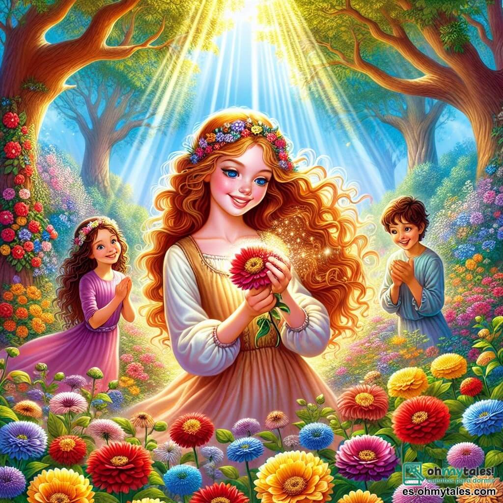 Ilustración que representa un jardín encantado, lleno de flores brillantes de colores vivos: rojas, amarillas, azules y violetas. Las flores bailan bajo una suave brisa, mientras rayos de sol se filtran a través de las hojas de los majestuosos árboles, creando una atmósfera mágica y alegre. En el centro, una joven de cabello largo y ondulado, de un rubio dorado, lleva un vestido ligero de tejido pastel. Sonríe con ternura, sus ojos brillan de alegría, mientras toca delicadamente una flor marchita, haciéndola florecer en un hermoso ramo. Alrededor de ella, un grupo de tres niños, dos niñas y un niño, todos de aproximadamente 8 años. La primera niña tiene cabello castaño y trenzas, aplaude con entusiasmo. La segunda niña, de cabello pelirrojo, lleva una pequeña corona de flores y mira con asombro. El niño, de cabello castaño, sonríe ampliamente, sosteniendo una pequeña regadera de metal, listo para ayudar. La escena captura el momento mágico en que la joven usa su poder para hacer florecer el jardín, mientras los niños, encantados, celebran la belleza recuperada de las flores. Mariposas de colores vuelan a su alrededor, añadiendo un toque de fantasía a la ilustración.