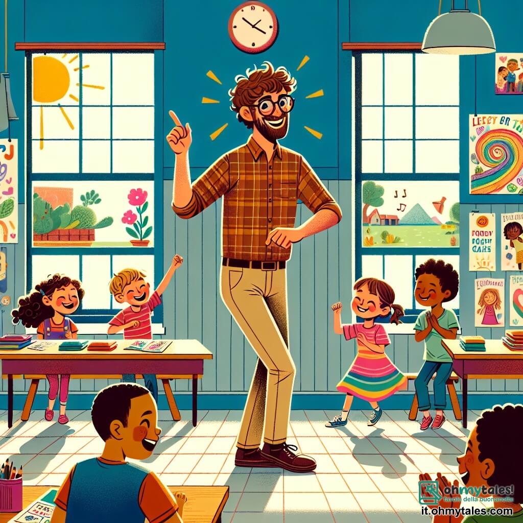 Illustrazione che rappresenta un'aula colorata, con muri decorati da disegni di bambini e poster educativi. Grandi finestre lasciano entrare la luce del sole, illuminando tavoli in legno su cui sono disposti libri e materiale scolastico. Al centro, un uomo sorridente, di circa trent'anni, con capelli castani in disordine e occhiali rotondi, danza gioiosamente mentre mostra i passi di danza ai bambini. Indossa una camicia a quadri e pantaloni beige, emanando un'energia contagiosa. Intorno a lui, diversi bambini di circa 8-10 anni si divertono: una ragazza con lunghi capelli ricci, vestita con un abito rosa, ride cercando di imitare i passi di danza; un ragazzo con occhiali e capelli corti, indossando una maglietta blu, applaude con entusiasmo; un'altra ragazza, con trecce e una maglietta gialla, si lancia girando su se stessa, piena di gioia. La scena principale mostra l'insegnante che, con un grande sorriso, incoraggia i bambini a ballare e divertirsi insieme, creando un'atmosfera di festa e apprendimento ludico. Palloncini colorati fluttuano sul soffitto e festoni di carta decorano la stanza, aggiungendo un tocco festivo a questa giornata memorabile.