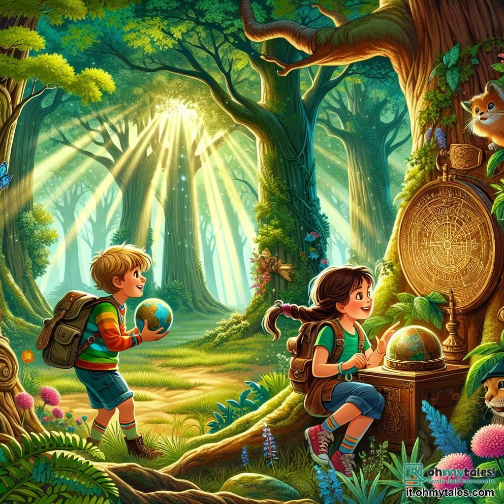 Illustrazione che rappresenta una vasta foresta incantata, dove grandi alberi con tronchi spessi si ergono maestosi, le cui foglie di un verde brillante filtrano i raggi del sole. Al centro della scena, una ragazza di 9 anni, con lunghi capelli castani e occhi brillanti di curiosità, è accovacciata vicino a una vecchia quercia, tenendo in mano un'antica mappamondo. Indossa una maglietta colorata e pantaloni corti, con uno zaino pieno di strumenti di esplorazione. Accanto a lei, due amici: un ragazzo di 10 anni, con capelli biondi in disordine e un cappellino, che osserva attentamente il mappamondo, e una ragazza di 9 anni, con trecce e un sorriso malizioso, che indica un indizio inciso sul tronco dell'albero. La scena emana un'atmosfera di avventura e mistero, con raggi di luce che attraversano i rami, illuminando fiori colorati e piccoli animali curiosi che li circondano.