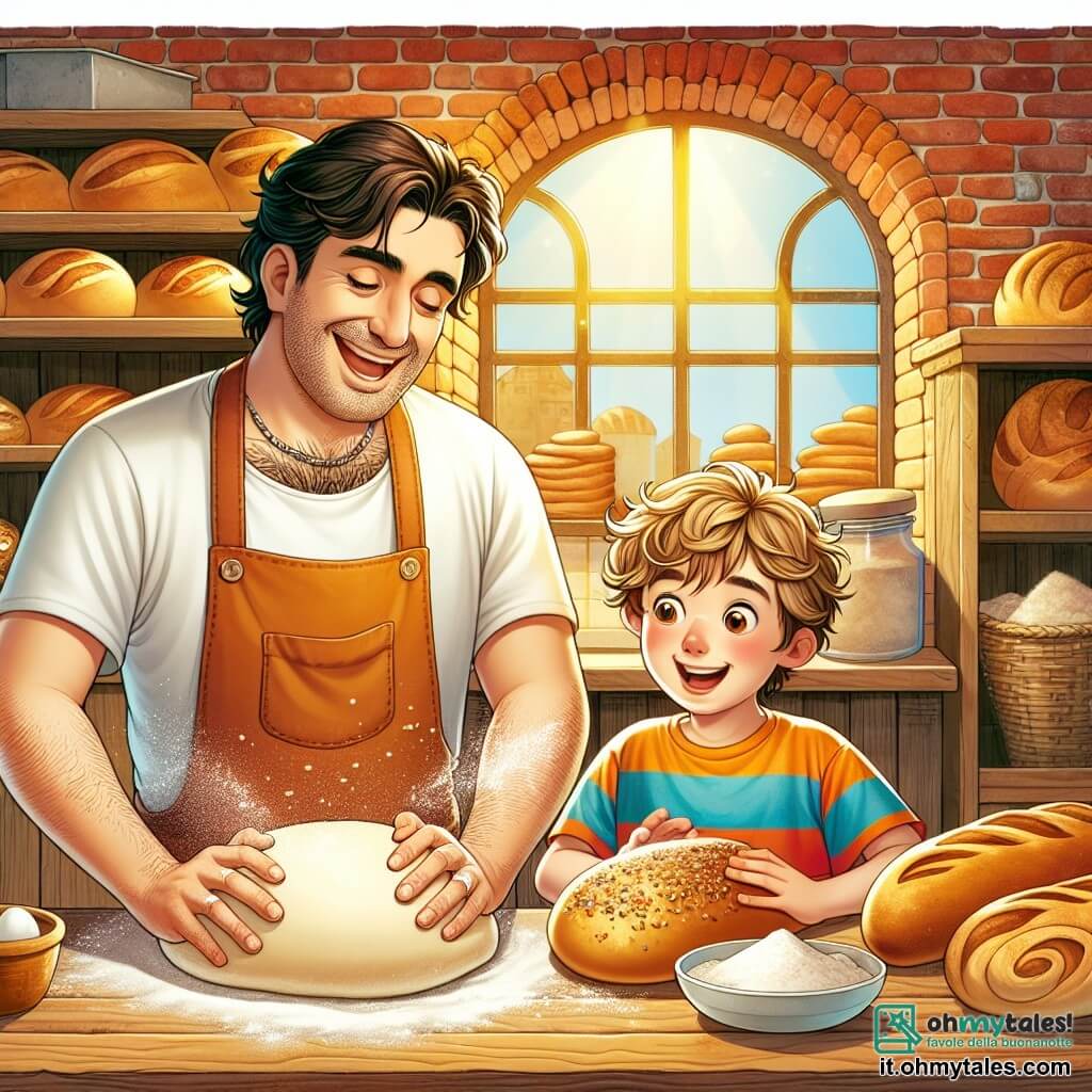 Illustrazione che rappresenta una deliziosa panetteria soleggiata, con muri in mattoni rossi e una vetrina piena di pani dorati e dolci deliziosi. All'interno, un uomo di circa trent'anni, con capelli castani leggermente ricci e un grande sorriso, sta impastando della pasta per il pane su un grande piano di lavoro in legno. Indossa un grembiule bianco macchiato di farina e guanti da cucina, mostrando la sua passione per il suo mestiere. Accanto a lui, un giovane ragazzo di circa otto anni, con capelli biondi arruffati e occhi pieni di curiosità, osserva attentamente ogni movimento dell'uomo. Indossa una maglietta colorata e un piccolo grembiule troppo grande per lui, cercando di riprodurre i gesti dell'uomo impastando una piccola palla di pasta. La scena principale mostra l'uomo che insegna al ragazzo l'arte della panificazione, con scoppi di risate e farina che vola nell'aria, creando un'atmosfera gioiosa e calorosa. Sullo sfondo, scaffali in legno sono pieni di sacchi di farina, barattoli di semi e utensili da panetteria, mentre una luce soffusa filtra attraverso la finestra, illuminando la stanza di una luce dorata.