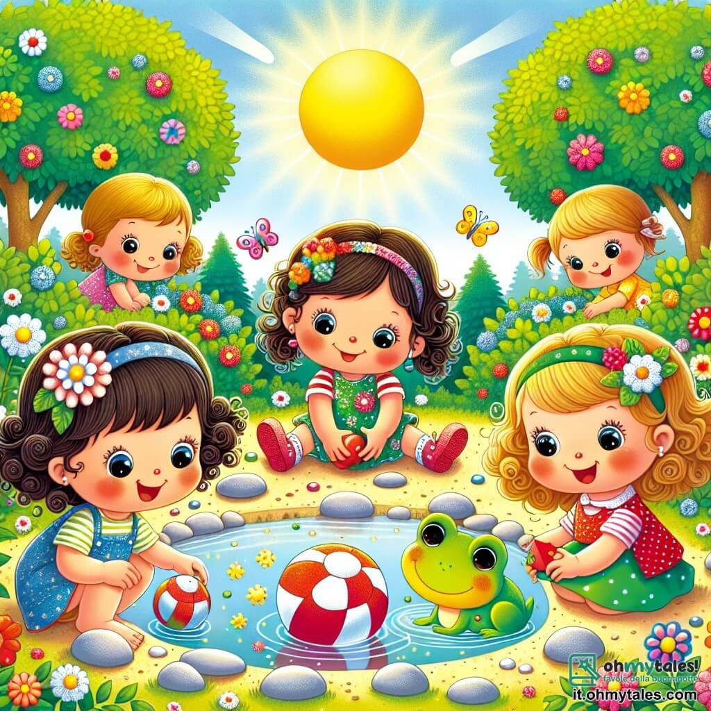 Illustrazione che rappresenta un magnifico parco soleggiato, pieno di fiori colorati e alberi maestosi con foglie verdi brillanti. Al centro, un laghetto scintillante riflette il cielo blu, circondato da piccoli ciottoli e farfalle svolazzanti. Quattro bambine di circa tre anni sono riunite attorno a una bella palla rossa decorata con fiori bianchi. Una di loro, con capelli castani e due codini, sorride gioiosamente tenendo la palla. Un'altra, con capelli biondi e ricci, guarda il laghetto con curiosità. La terza, con capelli castani e una piccola treccia, si accovaccia per raccogliere la palla, mentre l'ultima, con capelli neri e un cappello colorato, ride saltellando attorno a loro. Accanto a loro, una piccola rana verde, con occhi scintillanti, si trova su una pietra, pronta a unirsi al loro gioco. Le bambine sembrano felici e entusiaste, pronte a giocare insieme, mentre il sole brilla sopra di loro, creando un'atmosfera gioiosa e amichevole. Fiori selvatici e insetti colorati aggiungono un tocco di magia a questa scena di avventura e amicizia.