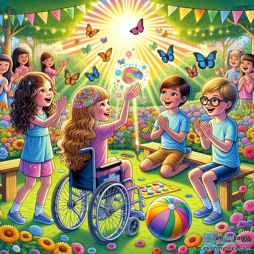 Ilustración que representa un parque soleado, lleno de flores coloridas y árboles verdes. En el centro, un grupo de cuatro niños está reunido alrededor de un pequeño escenario improvisado, donde una niña de 10 años, con cabello rizado y gafas, está sentada en una silla de ruedas decorada con luces brillantes. A su lado, una niña de 9 años, con cabello largo y castaño, sonríe con entusiasmo, sosteniendo una pelota colorida. Otra niña de 10 años, con cabello corto y rubio, levanta los brazos al aire, animando a los demás. Por último, un niño de 9 años, con cabello castaño y gafas, mira con admiración a la niña en la silla de ruedas, listo para participar en el juego. La situación principal muestra a los niños jugando juntos, unidos en una actividad de relevos donde cada uno encuentra su lugar, ilustrando el espíritu de inclusión y amistad. En el fondo, se oyen risas y aplausos, mientras mariposas vuelan a su alrededor, añadiendo un toque de magia a esta escena alegre e inspiradora.