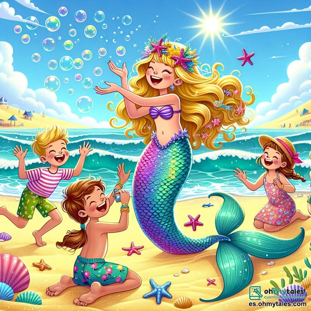 Ilustración que representa una playa soleada, con dunas de arena dorada y olas turquesas que se rompen suavemente en la orilla. En el centro de la imagen, una sirena con escamas violetas brillantes y cabello adornado con pequeñas estrellas de mar relucientes, riendo alegremente mientras hace burbujas de diferentes formas con sus manos. Alrededor de ella, un grupo de cuatro niños, dos chicos y dos chicas, de aproximadamente 8 a 10 años, están bailando y riendo. Los chicos llevan pantalones cortos coloridos y camisetas a rayas, mientras que las chicas usan trajes de baño con estampados florales y sombreros de paja. Todos están imitando los movimientos de la sirena, con sus rostros iluminados por la emoción y la alegría. La escena captura el momento en que la sirena y los niños se divierten juntos, rodeados de conchas brillantes y algunas estrellas de mar esparcidas sobre la arena. El cielo es de un azul brillante, salpicado de algunas nubes blancas y esponjosas, y el sol brilla intensamente, añadiendo un toque de magia a este momento de felicidad compartida.
