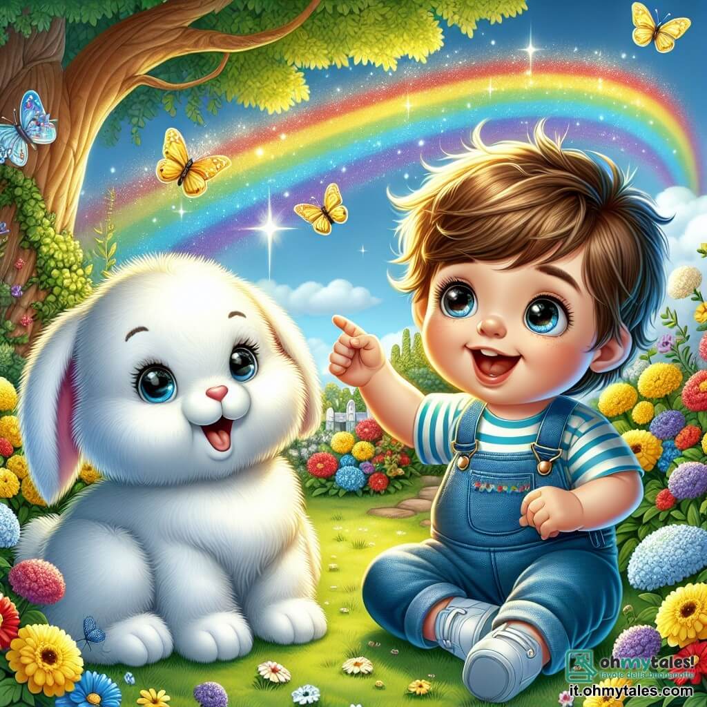 Illustrazione che rappresenta un giardino soleggiato, pieno di fiori colorati con tonalità vivaci di giallo, rosso e blu. Al centro, un bambino di 1 anno, con capelli castani disordinati e un grande sorriso, indossa una salopette blu e una maglietta a righe. Sta puntando un arcobaleno brillante che si estende nel cielo, i suoi occhi brillano di meraviglia. Accanto a lui, un coniglio di peluche, bianco e morbido, con grandi orecchie flosce, sembra incoraggiarlo con un'espressione gioiosa. Sullo sfondo, un grande albero con foglie verdi lussureggianti offre ombra, mentre uccelli colorati cantano tra i rami. La scena cattura il momento in cui il bambino e il suo amico di peluche decidono di partire per un'avventura nel giardino alla ricerca dell'arcobaleno. Farfalle danzano intorno a loro, aggiungendo un tocco magico all'illustrazione.