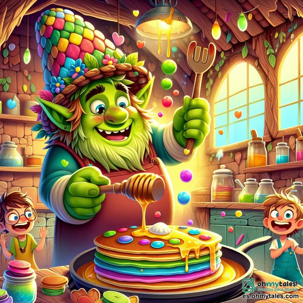 Ilustración que representa una escena alegre en una cabaña de chocolate, con paredes de caramelos coloridos y ventanas de caramelo que dejan pasar una luz suave y cálida. En el interior, un ogro de piel verde brillante, con grandes orejas puntiagudas y una amplia sonrisa, está preparando panqueques de arcoíris en una gran sartén de hierro. Lleva un sombrero hecho de hojas, que añade un toque divertido a su apariencia. Alrededor de él, varias criaturas graciosas están presentes: un niño de unos 8 años, con el cabello despeinado y gafas redondas, que observa con asombro la preparación de los panqueques, y una niña de 6 años, con cabello rizado y vestida con un vestido colorido, que baila alegremente mientras espera la degustación. La situación principal muestra al ogro vertiendo jarabe de miel sobre los panqueques, mientras los niños ríen e impacientan, con los ojos brillantes de emoción. Estallidos de colores vivos emanan de los panqueques, y burbujas de risa flotan en el aire, creando una atmósfera festiva y llena de vida. En el fondo, flores bailan al ritmo del viento, añadiendo un toque de magia a esta escena encantada.