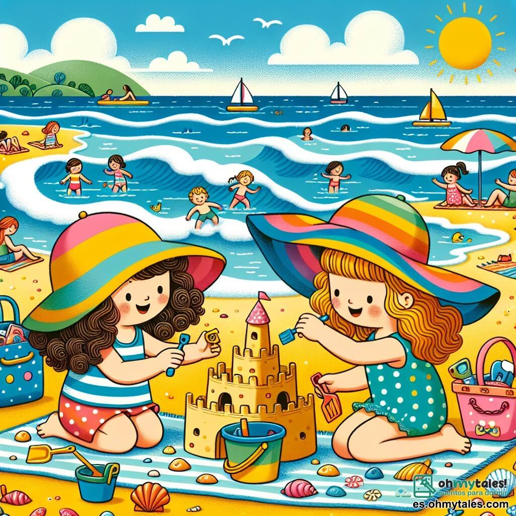 Ilustración que representa una playa soleada, con suaves olas rompiendo sobre la arena dorada. El cielo es de un azul brillante, salpicado de algunas nubes blancas y esponjosas. En primer plano, dos niñas, una con cabello castaño y rizado, de unos 8 años, que lleva un gran sombrero de rayas, y la otra con cabello rubio y liso, también de aproximadamente 8 años, con una pequeña mochila en la espalda. Están construyendo un castillo de arena, riendo y sonriendo, rodeadas de cubos y palas de colores. Conchas y pequeñas piedras decoran su obra. En el fondo, se pueden ver otros niños jugando en el agua y familias disfrutando del sol sobre toallas de playa. La atmósfera es alegre y veraniega, llena de colores vivos y felicidad.