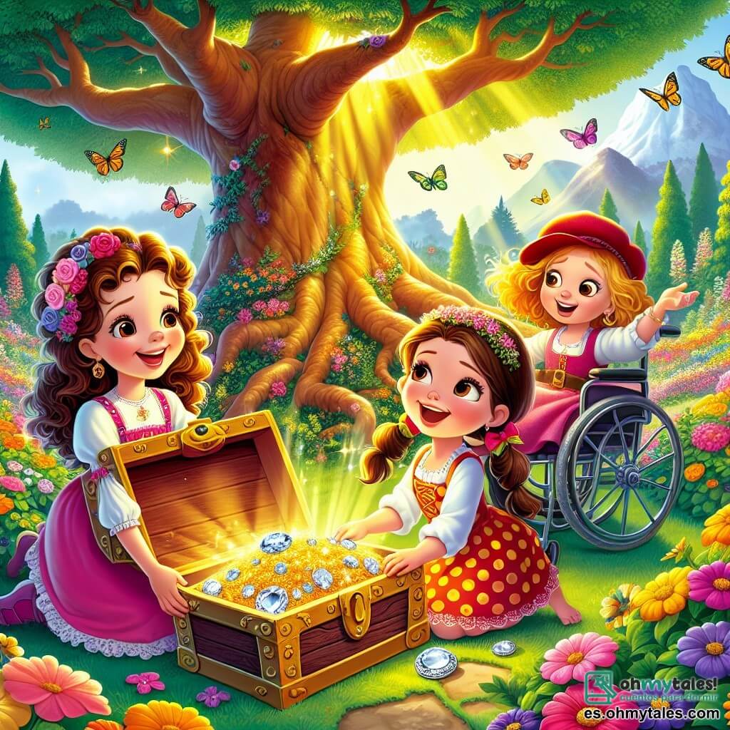 Ilustración que representa un jardín soleado, lleno de flores coloridas y árboles majestuosos. En el centro, un gran árbol con ramas extendidas, bajo el cual hay un antiguo cofre de madera, ligeramente abierto, dejando entrever piedras preciosas brillantes. Tres niñas están presentes: una de 8 años con cabello rizado y una gran sonrisa, vestida con un vestido amarillo con lunares, que se agacha cerca del cofre, con los ojos brillantes de emoción. A su lado, una niña de 9 años, con cabello liso y una gorra roja, que se mantiene de pie con una postura dinámica, señalando hacia el cofre mientras sonríe. Finalmente, una niña de 10 años, sentada en una bonita silla de ruedas, con cabello largo y una corona de flores, que mira con asombro, sosteniendo una gema brillante en su mano. La escena captura el momento en que los niños descubren el tesoro escondido, rodeados de la magia de su jardín. Mariposas coloridas vuelan a su alrededor, añadiendo un toque de fantasía a la ilustración.