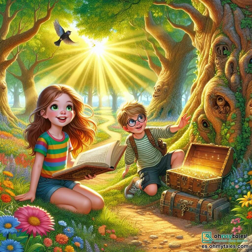 Ilustración que representa un viejo parque soleado, con majestuosos árboles de brillantes hojas verdes y un camino de tierra serpenteante entre flores de colores. En el centro de la escena, una niña de 11 años, con largos cabellos castaños, ojos brillantes de curiosidad y una sonrisa radiante, está agachada cerca de un viejo tronco de árbol. Lleva una camiseta colorida y un short, y sostiene un viejo libro de cuentos en sus manos, con una expresión de asombro. A su lado, un niño de 11 años, con el cabello rubio alborotado y gafas redondas, observa con fascinación el contenido del libro. Viste una camiseta a rayas y un short cargo. Juntos, descubren un pequeño cofre de madera, lleno de tesoros brillantes, bajo un rayo de sol dorado que ilumina su hallazgo. Los pájaros cantan en los árboles, y una suave brisa hace bailar las hojas, añadiendo un toque de magia a esta aventura.