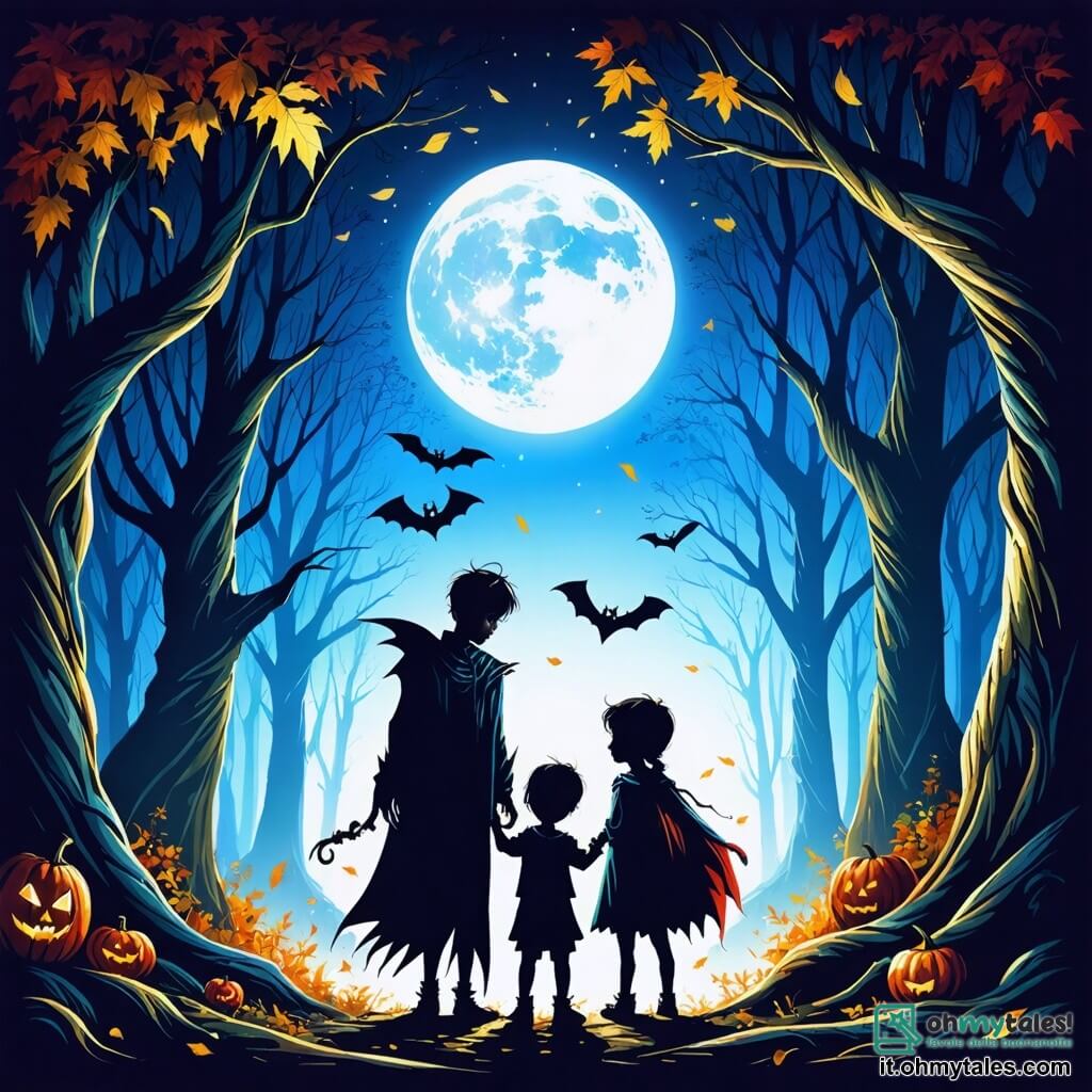 Illustrazione che rappresenta una foresta incantata durante la notte di Halloween. Gli alberi sono alti e contorti, i loro rami si intrecciano come braccia misteriose, e foglie dorate e rosse cadono dolcemente a terra. La luna piena brilla sopra, proiettando una luce argentata che illumina la scena. Al centro, quattro bambini, due ragazzi e due ragazze, si tengono insieme. Un ragazzo di circa 12 anni indossa un costume da vampiro con un lungo mantello nero e denti aguzzi, mostrando un sorriso malizioso. Accanto a lui, una ragazza di 11 anni, travestita da strega, con un grande cappello nero e un vestito a volant, tiene una bacchetta magica scintillante. Un altro ragazzo, anch'egli di 12 anni, è vestito con un lenzuolo bianco da fantasma, con occhi rotondi e curiosi. Infine, una ragazza di 10 anni, vestita da mummia con bende attorno a sé, guarda con meraviglia. La scena principale mostra i bambini che scoprono un piccolo fantasma amichevole che fluttua davanti a loro, sorridente e illuminato da una dolce luce. Caramelle colorate cadono dal cielo, creando un'atmosfera festosa e magica. Creature della foresta, come gufi e pipistrelli, aggiungono un tocco di mistero, mentre stelle scintillano nel cielo notturno, rendendo questa notte di Halloween indimenticabile.