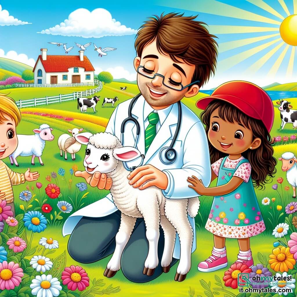 Illustrazione che rappresenta una charmante fattoria soleggiata, circondata da campi verdi e fiori colorati. Al centro, un veterinario, un uomo di circa trent'anni con capelli castani disordinati, indossa un camice bianco e ha uno stetoscopio al collo, si accovaccia con un sorriso benevolo per esaminare un piccolo agnello bianco dagli occhi brillanti. Accanto a lui, due bambini, un ragazzo di circa 8 anni con capelli biondi e un cappellino rosso, e una ragazza di 7 anni con lunghi capelli castani e un vestito a fiori, guardano con meraviglia e allungano la mano per accarezzare l'agnello. La scena trasmette un'atmosfera di gioia e tenerezza, con animali da fattoria sullo sfondo, come mucche e galline, che aggiungono magia al luogo. I raggi del sole illuminano la scena, creando un'atmosfera calda e accogliente.