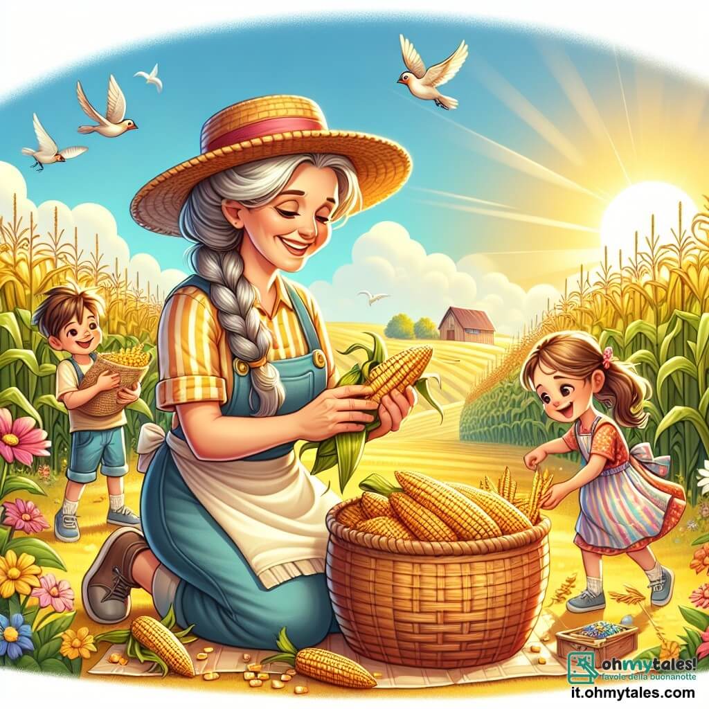 Illustrazione che rappresenta una bella fattoria soleggiata, circondata da campi dorati di mais che ondeggiano dolcemente al vento. In primo piano, una donna sorridente, di circa cinquant'anni, con capelli grigi raccolti in uno chignon, indossa un cappello di paglia e vestiti da lavoro colorati, mentre raccoglie con cura le pannocchie di mais, ponendole in un grande cesto di vimini ai suoi piedi. Accanto a lei, due bambini, una ragazza di circa 8 anni con lunghi capelli castani intrecciati e un ragazzo di 6 anni con capelli biondi arruffati, la stanno aiutando. La ragazza, con gli occhi brillanti di eccitazione, tiene una pannocchia appena raccolta, mentre il ragazzo, ridendo, cerca di rendere solenne un piccolo spaventapasseri che hanno realizzato insieme. La scena emana un'atmosfera gioiosa e calorosa, con uccelli che cantano nel cielo blu e nuvole bianche che fluttuano pigramente. Dettagli come fiori colorati nel giardino e animali della fattoria sullo sfondo, come galline che beccano il terreno e un cane che corre gioiosamente, contribuiscono all'atmosfera vivace di questa giornata di raccolta.