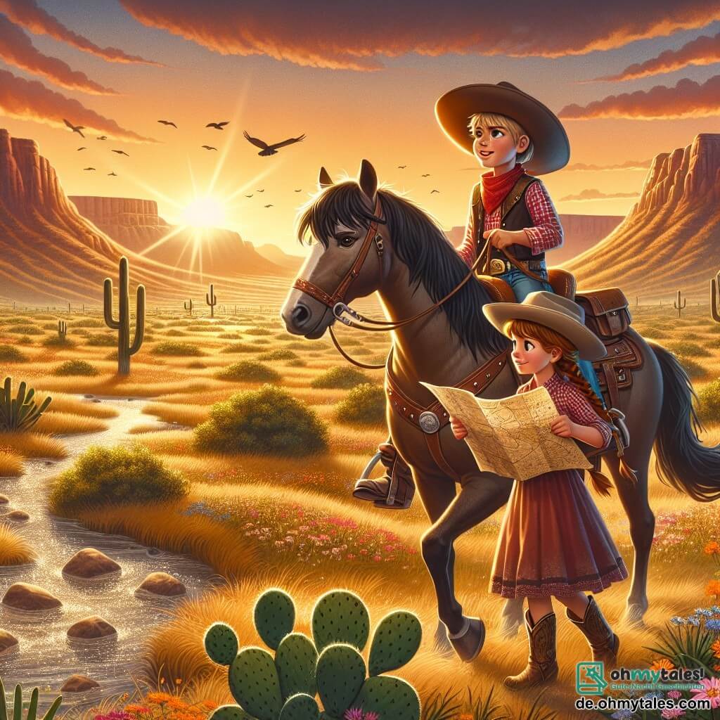 Illustration einer Szene in einer weiten Prärie des Wilden Westens, getaucht in das goldene Licht des Sonnenuntergangs. Sanfte Hügel erstrecken sich am Horizont, übersät mit Kakteen und bunten Wildblumen, während ein kleiner glitzernder Bach in der Nähe frische Akzente in diese trockene Landschaft bringt. Im Mittelpunkt des Bildes steht ein junger Mann, ein Cowboy, stolz auf seinem Pferd. Er trägt einen großen Cowboyhut, ein rot kariertes Hemd und eine Lederweste. Seine Stiefel glänzen im Sonnenuntergang, und sein Gesicht drückt Entschlossenheit und Aufregung aus. In seinen Händen hält er eine alte Schatzkarte und späht mit funkelnden Augen voller Abenteuer in die Ferne. Neben ihm beobachtet ein etwa zehnjähriges Mädchen mit langen, geflochtenen braunen Haaren neugierig die Szene. Sie trägt ein einfaches Kleid und Lederstiefel. Ihr Gesicht strahlt ein Lächeln aus, während sie mit dem Finger auf ein Detail auf der Karte zeigt und ihre Begeisterung für das bevorstehende Abenteuer zeigt. Die Hauptsituation zeigt den Cowboy und das Mädchen, die bereit sind, auf der Suche nach einer geheimnisvollen Höhle voller Schätze aufzubrechen, umgeben von der Weite der wilden Natur. Vögel fliegen am Himmel, und eine sanfte Brise lässt das hohe Gras tanzen, was der Illustration ein Gefühl von Bewegung und Aufregung verleiht.