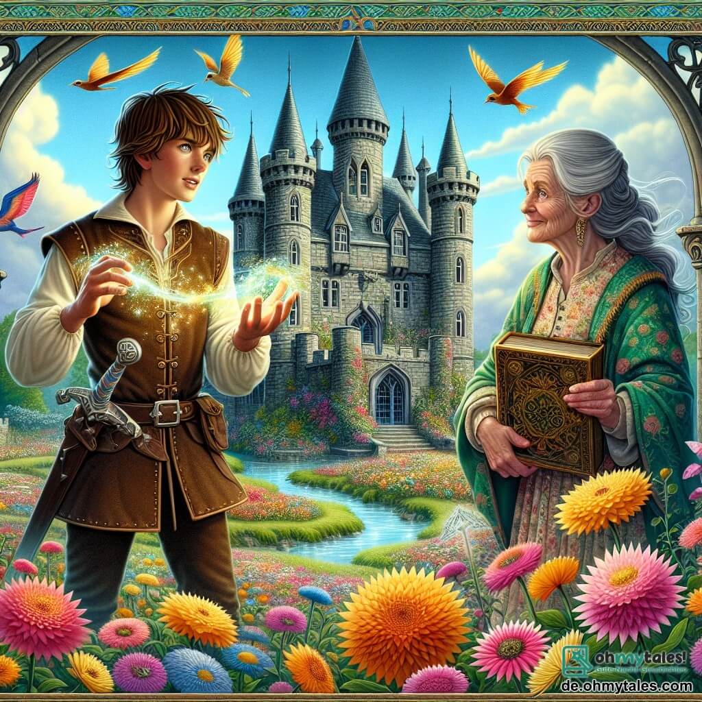 Illustration eines majestätischen Steinschlosses, umgeben von einem bunten Garten, in dem strahlende Blumen in allen Regenbogenfarben unter einem klaren blauen Himmel tanzen. Im Mittelpunkt dieser Szene steht ein mutiger junger Mann mit braunen Haaren und funkelnden Augen, gekleidet in einer Ledertunika und mit einem schimmernden Schwert an seinem Gürtel, entschlossen, das Böse zu bekämpfen. An seiner Seite beobachtet ihn eine weise alte Frau, etwa siebzig Jahre alt, mit silbernem Haar und einem Kleid, das mit floralen Mustern verziert ist, wohlwollend und hält ein altes Buch in ihren Händen. Die Hauptsituation zeigt den jungen Mann, der sich an die alte Frau wendet, während ein magischer Lichtstrahl von seinem Amulett ausgeht, den Garten erleuchtet und die bedrohlichen Schatten, die das Schloss umgeben, vertreibt. Bunte Vögel fliegen um sie herum und verleihen dieser märchenhaften Szene Leben und Magie.