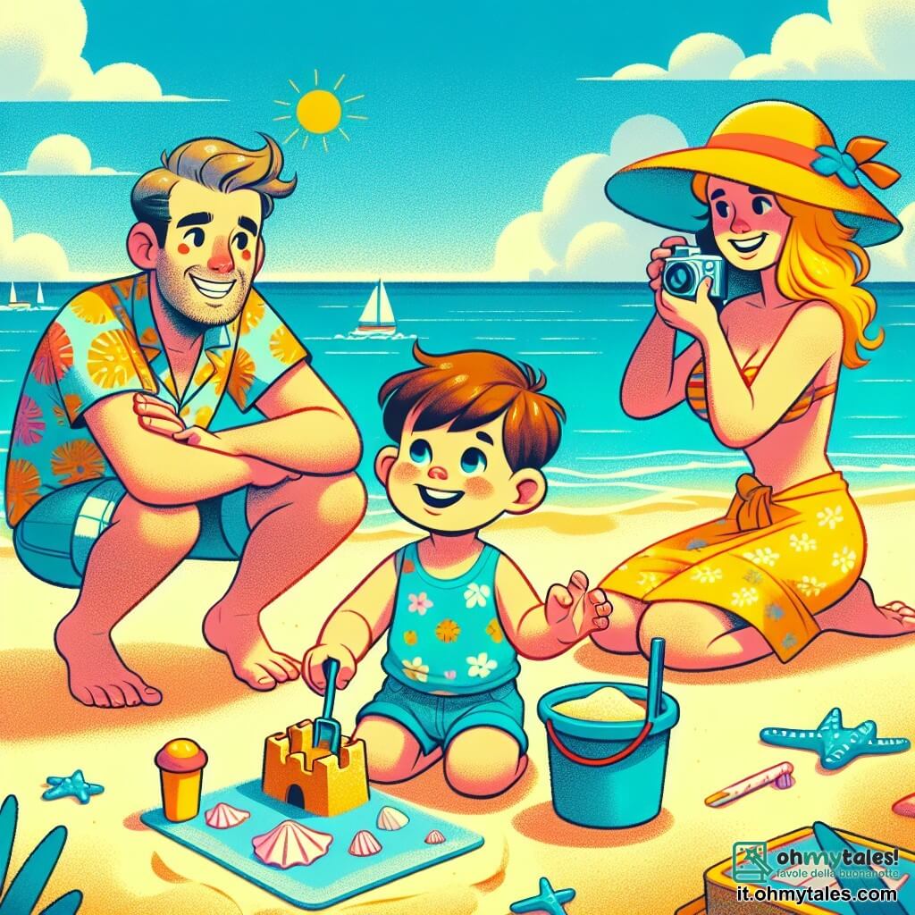 Illustrazione che rappresenta una spiaggia soleggiata con sabbia dorata che brilla sotto il sole. L'acqua turchese del mare si estende all'orizzonte, con alcune onde dolci che lambiscono la riva. Al centro dell'immagine, un bambino di 1 anno, con capelli castani e occhi scintillanti, è accovacciato sulla sabbia, concentrato a costruire un castello di sabbia. Indossa un piccolo costume da bagno blu e un divertente cappello da sole. Accanto a lui, i suoi genitori, un uomo di circa 30 anni con una leggera barba e una donna di circa 28 anni con capelli lunghi e biondi, sorridono mentre lo osservano. Il padre, vestito con una maglietta colorata e pantaloni corti, tiene un secchiello di sabbia, mentre la madre, in costume da bagno e pareo, scatta foto con una macchina fotografica. La scena trasmette un'atmosfera gioiosa e estiva, con conchiglie sparse sulla sabbia e un ombrellone colorato sullo sfondo.