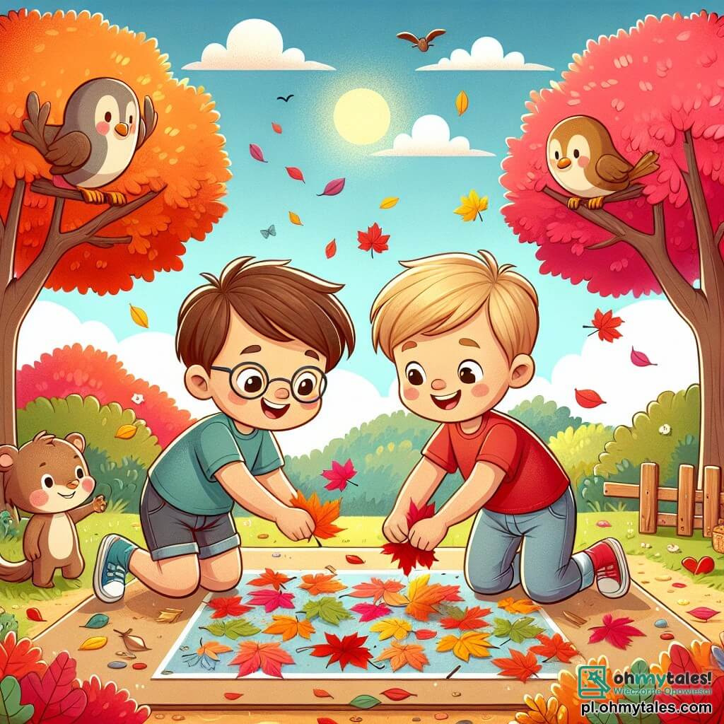 Ilustracja przedstawiająca park jesienią, z drzewami o płonących liściach w kolorze czerwonym, żółtym i pomarańczowym oraz ziemią pokrytą opadłymi liśćmi. Na środku dwóch chłopców w wieku około 6 lat, jeden z brązowymi włosami i okularami, w niebieskiej koszulce i szortach, a drugi z blond włosami, w czerwonej koszulce i beżowych spodniach, klęczy. Z zapałem zbierają kolorowe liście, aby stworzyć kolaż na dużym kawałku tektury. W tle jasnoniebieskie niebo i kilka białych chmur dodają radosnego akcentu do sceny. Nad nimi latają ptaki, a mały, ciekawski wiewiór obserwuje chłopców z gałęzi.