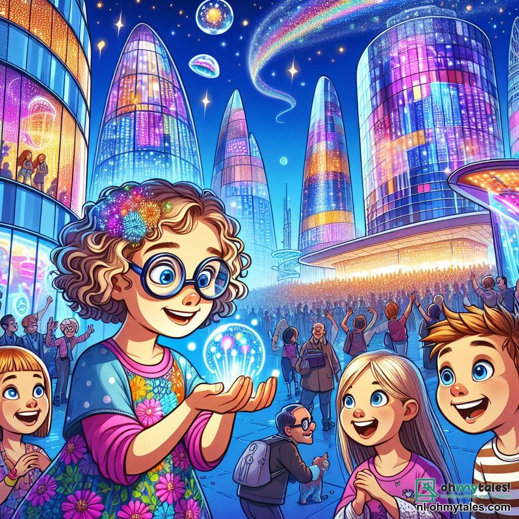 Illustratie van een futuristisch festival in een stralende stad, waar de glazen gebouwen schitteren onder een heldere blauwe lucht. Kleurrijke hologrammen dansen in de lucht, terwijl een groot podium omringd is door nieuwsgierige toeschouwers. Op de voorgrond staat een 7-jarig meisje met krullend haar en ronde bril, gekleed in een jurk met kleurrijke bloemenpatronen, verwonderd door een magische uitvinding. Ze houdt een kleine lichtgevende bol in haar handen, klaar om deze te activeren. Naast haar kijkt een jongen van ongeveer 8 jaar met messy blond haar en een gestreept t-shirt met grote ogen toe, gefascineerd door de scène. Op de achtergrond praten lachende volwassenen, gekleed in futuristische stijl, en maken foto's, wat bijdraagt aan een vrolijke en levendige sfeer. De atmosfeer is gevuld met felle kleuren, lachen en een gevoel van verwondering, die de geest van avontuur en ontdekking van dit innovatieve festival vastlegt.