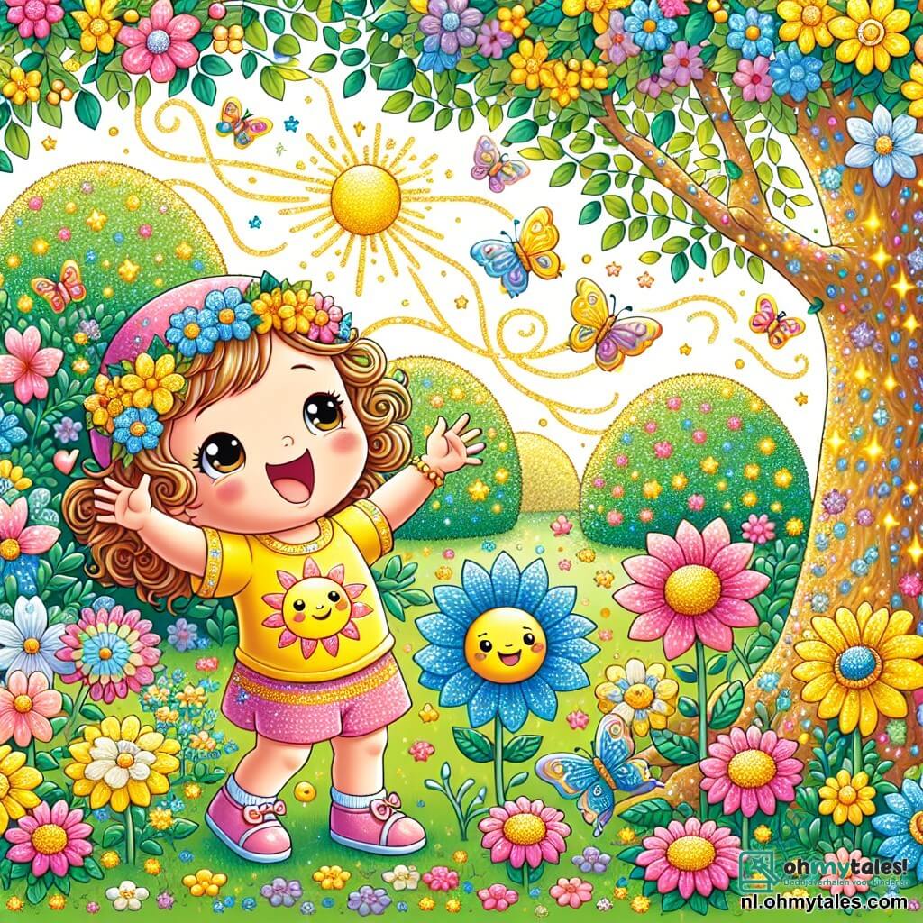 Illustratie van een betoverde tuin, vol kleurrijke bloemen met stralende bloemblaadjes, grote bomen met glinsterende bladeren en een zachte gouden lichtstraal die door de takken filtert. In het midden staat een klein meisje van 1 jaar oud, met grote sprankelende ogen en krullend haar, in een gele t-shirt met een grote lachende zon en een kleine pet versierd met sterren. Ze lacht luid, met opgetilde armen, klaar om te dansen. Naast haar draait een kleine blauwe draak met glanzende schubben en delicate vleugels, met een ondeugende glimlach, zich om zichzelf terwijl hij met zijn vleugels slaat, waardoor een wervelwind van magie om hen heen ontstaat. De sfeer is vrolijk en speels, met kleurrijke vlinders die om hen heen fladderen en een zachte bries die de bloemen laat dansen.