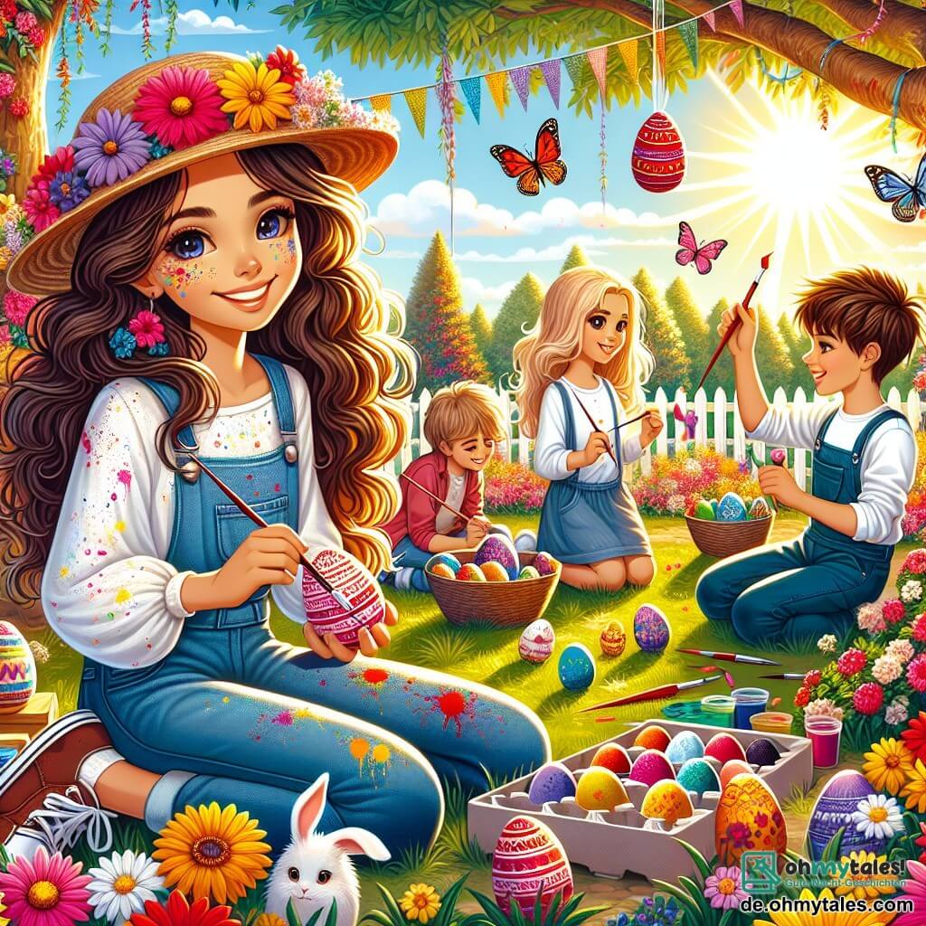 Illustration eines bunten, sonnigen Gartens, gefüllt mit leuchtenden Blumen in lebhaften Rot-, Gelb- und Violetttönen. In der Mitte hockt ein 11-jähriges Mädchen mit langen, lockigen braunen Haaren und einem strahlenden Lächeln, während sie mit leuchtenden Farben Ostereier bemalt. Sie trägt eine weiße, bemalte Bluse und eine Jeans. Neben ihr steht ein 11-jähriger Junge mit einem Strohhut und zerzausten blonden Haaren, der ein dekoriertes Ei hält und sein Werk bewundert. Eine Gruppe von Kindern im Alter von 8 bis 12 Jahren versammelt sich um sie, jeder mit Pinseln und Eiern in der Hand, lacht und teilt kreative Ideen. Die Szene strahlt eine fröhliche, festliche Atmosphäre aus, mit bunten Papiergirlanden, die an den Bäumen hängen, und einem großen Kartonnest voller bemalter Eier im Hintergrund des Gartens. Bunte Schmetterlinge fliegen umher und verleihen dem Moment eine magische Note.