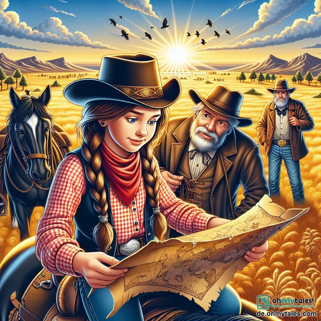 Illustration einer weiten goldenen Wiese unter einem strahlend blauen Himmel, gesprenkelt mit einigen weißen, baumwollartigen Wolken. In der Mitte sitzt eine junge Cowgirl mit langen, geflochtenen braunen Haaren, die einen Cowboyhut und ein rot kariertes Hemd trägt, auf einem glänzenden schwarzen Pferd und betrachtet eine alte Schatzkarte, die sie in den Händen hält. Neben ihr lehnen sich drei mittelalte Männer in staubigen Mänteln und Cowboyhüten neugierig und aufgeregt über die Karte. Die Szene strahlt eine Atmosphäre von Abenteuer und Kameradschaft aus, mit fernen Bergen im Hintergrund und einer untergehenden Sonne, die goldenes Licht auf die Landschaft wirft. Vögel fliegen am Himmel und verleihen dieser Schatzsuche einen Hauch von Leben.