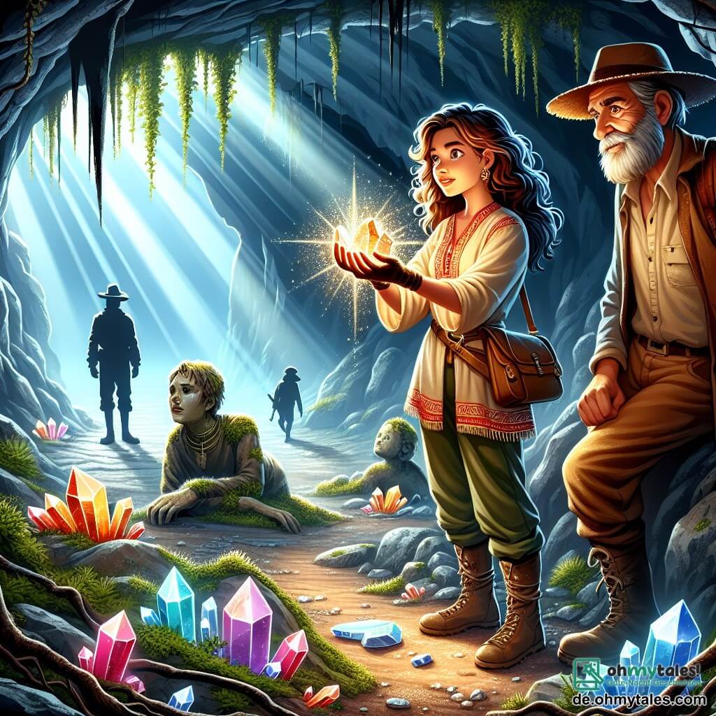 Illustration einer fesselnden Szene in einer geheimnisvollen Höhle, wo Lichtstrahlen durch Ritzen im Felsen filtern und funkelnde Kristalle sowie alte, moosbedeckte Statuen erleuchten. Im Zentrum steht eine mutige junge Frau mit langen, lockigen Haaren, gekleidet in eine bunte Tunika und praktische Hosen, die einen leuchtenden Kristall in ihren Händen hält, ihr Gesicht strahlt vor Staunen und Entschlossenheit. An ihrer Seite ein älterer Mann mit grauem Bart und von Erfahrung geprägten Falten, der einen Strohhut und eine Lederjacke trägt, aufmerksam beobachtet und bereit ist, sie bei ihrer Erkundung zu unterstützen. Die Hauptsituation zeigt die junge Frau, die ein antikes Artefakt entdeckt, während bedrohliche Schatten am Eingang der Höhle auftauchen, was auf die Anwesenheit eines Rivalen hindeutet. Zusätzliche grafische Elemente umfassen verstreute Edelsteine auf dem Boden, Baumwurzeln, die durch die Ritzen schlängeln, und eine spürbare Atmosphäre von Geheimnis und Abenteuer in der Luft.
