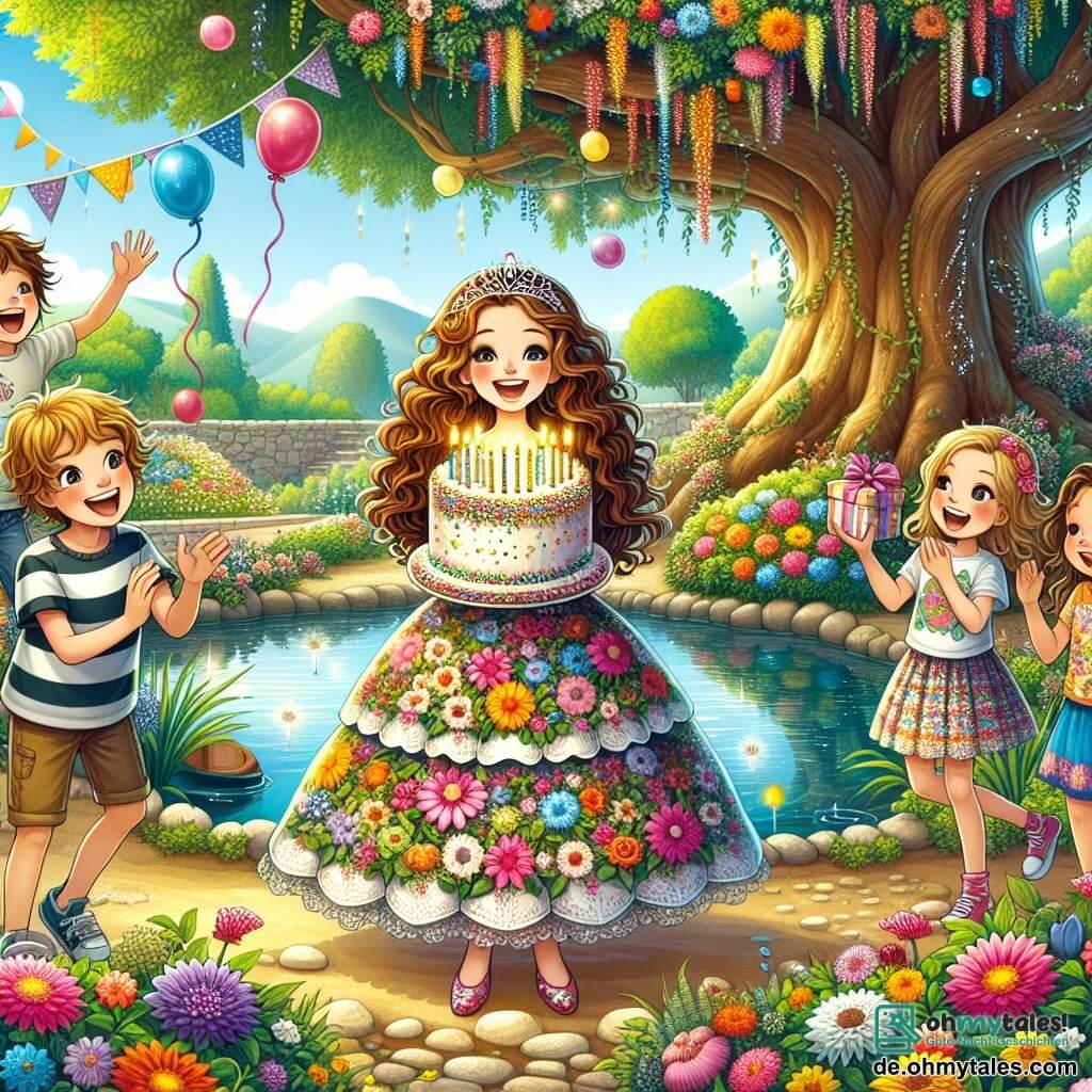 Eine Illustration eines zauberhaften Gartens, gefüllt mit bunten Blumen und strahlenden Blütenblättern, einem kleinen Teich, der unter der Sonne glitzert, und einem großen majestätischen Baum mit ausladenden Ästen. Im Mittelpunkt der Szene steht ein 11-jähriges Mädchen mit langen, lockigen braunen Haaren, das ein fröhliches Kleid mit Blumenmuster trägt und ein großes Lächeln im Gesicht hat. Sie hält eine riesige Geburtstagstorte mit funkelnden Kerzen, bereit, ihre Kerzen auszublasen. An ihrer Seite zwei Freunde: ein 11-jähriger Junge mit zerzausten blonden Haaren, der ein gestreiftes T-Shirt und Shorts trägt und begeistert applaudiert, sowie ein 10-jähriges Mädchen mit langen, glatten Haaren, das einen bunten Rock und ein gemustertes T-Shirt trägt und ein glänzendes Geschenk in den Händen hält. Die Hauptsituation zeigt die Aufregung und Freude eines Geburtstags, mit Luftballons, die in der Luft schweben, und bunten Girlanden, die an den Ästen des Baumes hängen, was eine festliche und magische Atmosphäre schafft.
