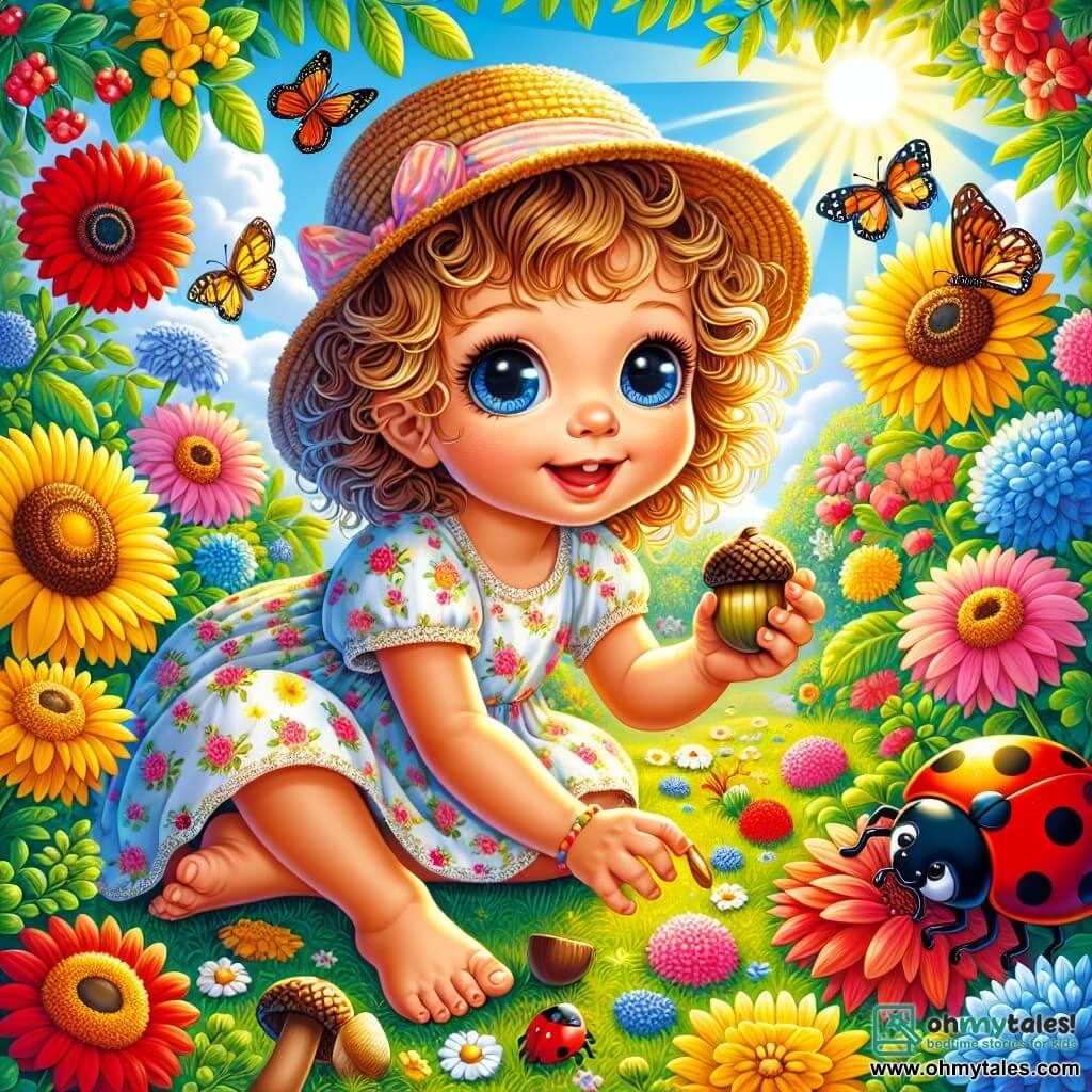An illustration depicts a sunny garden filled with colorful flowers with bright red, yellow, and blue petals. In the center, a one-year-old girl with big sparkling eyes and curly hair is crouched in the green grass. She wears a light floral-patterned dress and a straw hat that gives her a cheerful look. She holds a golden acorn in her small hands, her face radiating happiness and wonder. Nearby, a red ladybug with black spots lands on a leaf, while a multicolored butterfly flutters around her, adding a touch of magic to the scene. The little girl appears fascinated by these insects, her eyes sparkling with excitement. The main focus shows the little adventurer discovering her treasure in the garden, surrounded by the beauty of nature, with sunlight filtering through the leaves, creating a warm and welcoming atmosphere. Additional elements like fluffy clouds in the blue sky and singing birds complete this joyful and lively scene.