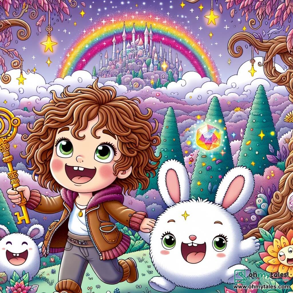 An illustration depicting a whimsical landscape in the Land of Whimsy, featuring a lavender sky sprinkled with sparkling stars and trees with swirling trunks adorned with multicolored leaves. In the center, a 9-year-old girl with curly brown hair and sparkling green eyes, smiling and full of energy, holds an ornate key in one hand and a shining rainbow crystal in the other, ready to share her discovery. Beside her, a small, round, fluffy creature resembling a mix of rabbit and bear, with large bulging eyes and soft fur, jumps for joy, displaying a wide smile. The scene exudes an atmosphere of adventure and magic, with laughing flowers and colorful clouds floating around them. In the background, sparkling mountains and joyful creatures dance, adding to the festive and playful ambiance of this quest to recover the stolen crystal.