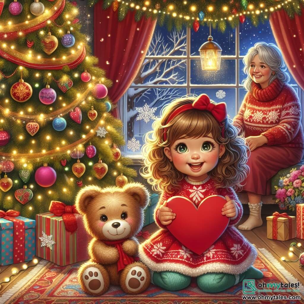 An illustration depicts a cozy room decorated for Christmas, with a large sparkling tree at the center, adorned with twinkling lights and colorful ornaments. On the floor, gifts are neatly stacked, surrounded by paper snowflakes. In the foreground, a one-year-old girl with curly hair and rosy cheeks sits on the rug. She wears a lovely red dress with snowflake patterns and joyfully smiles while holding a large red paper heart she made, her eyes sparkling with excitement. Next to her, a slightly worn but smiling teddy bear appears to encourage her with a friendly expression. In the background, a middle-aged woman with graying hair, wearing a festive sweater, watches the scene tenderly, a warm smile on her face, ready to receive her granddaughter's gift. The scene radiates an atmosphere of joy and Christmas magic, with twinkling lights and festive decorations adding a touch of enchantment.