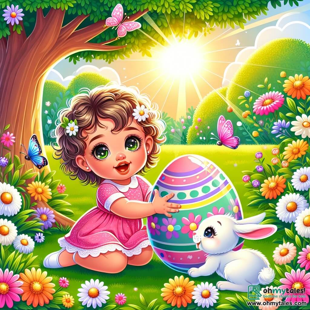 An illustration depicting a lovely sunny garden filled with colorful flowers and vibrant green grass. In the center, a one-year-old girl with big bright eyes and curly hair wears a pink dress with white polka dots. She is crouching down, reaching for a large shiny egg hidden under a tree, her face radiating curiosity and joy. Next to her, a small plush rabbit with long soft ears watches attentively. The rabbit has white fur and sparkling eyes. In the background, colorful butterflies flutter around the flowers, adding a touch of magic to the scene. Sunlight filters through the leaves of the tree, creating a warm and joyful atmosphere, perfect for celebrating Easter.